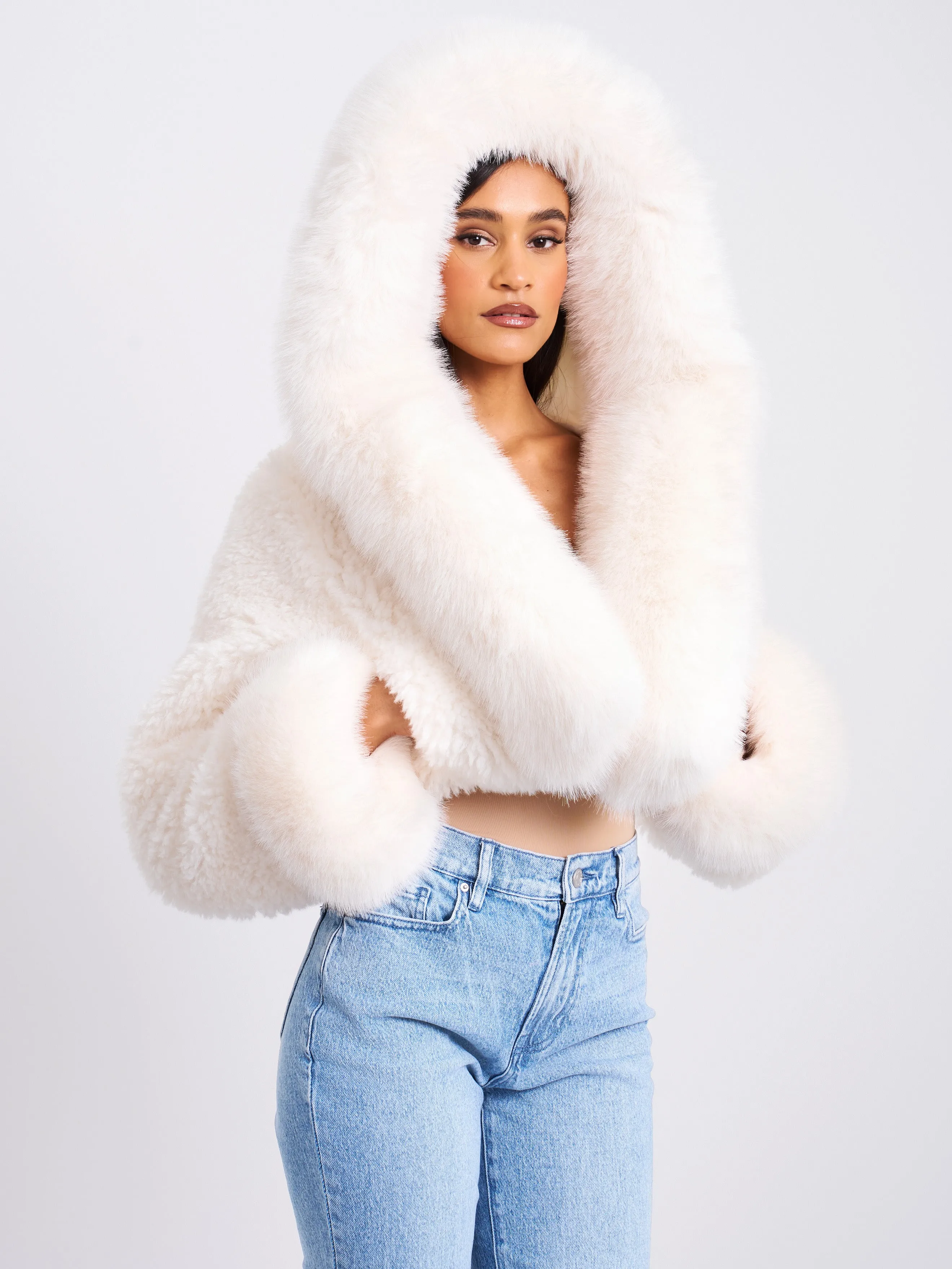 Kali White Cropped Vegan Fur Jacket With Hood