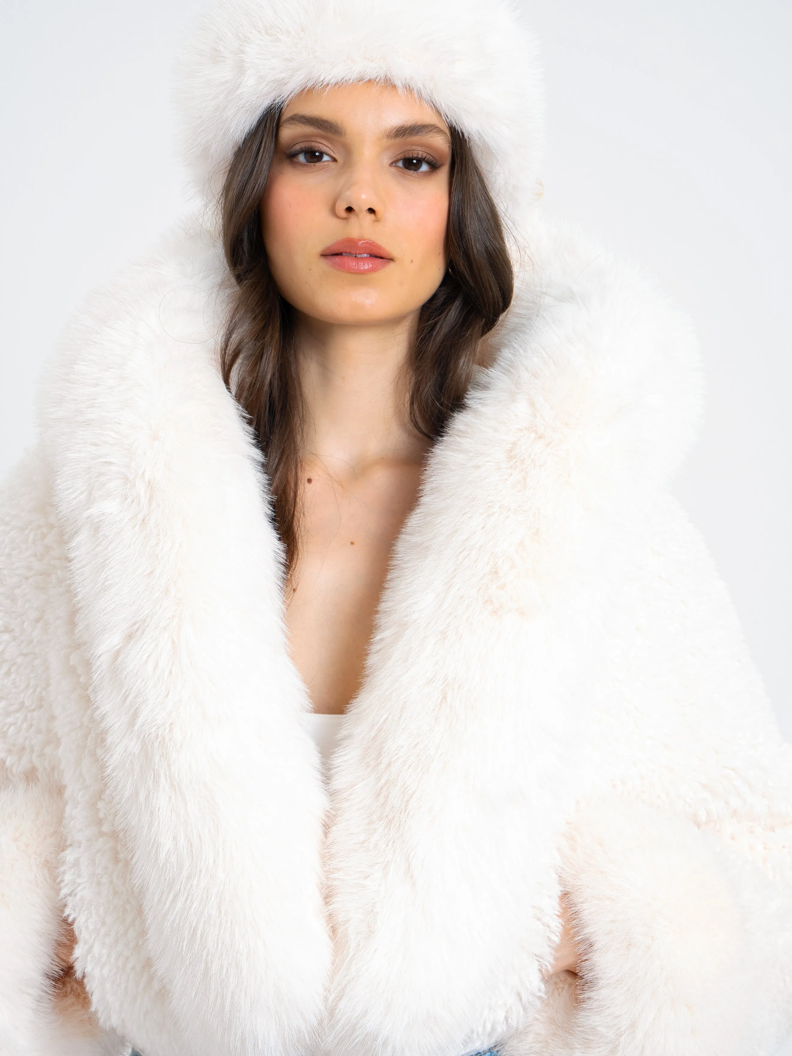 Kali White Cropped Vegan Fur Jacket With Hood