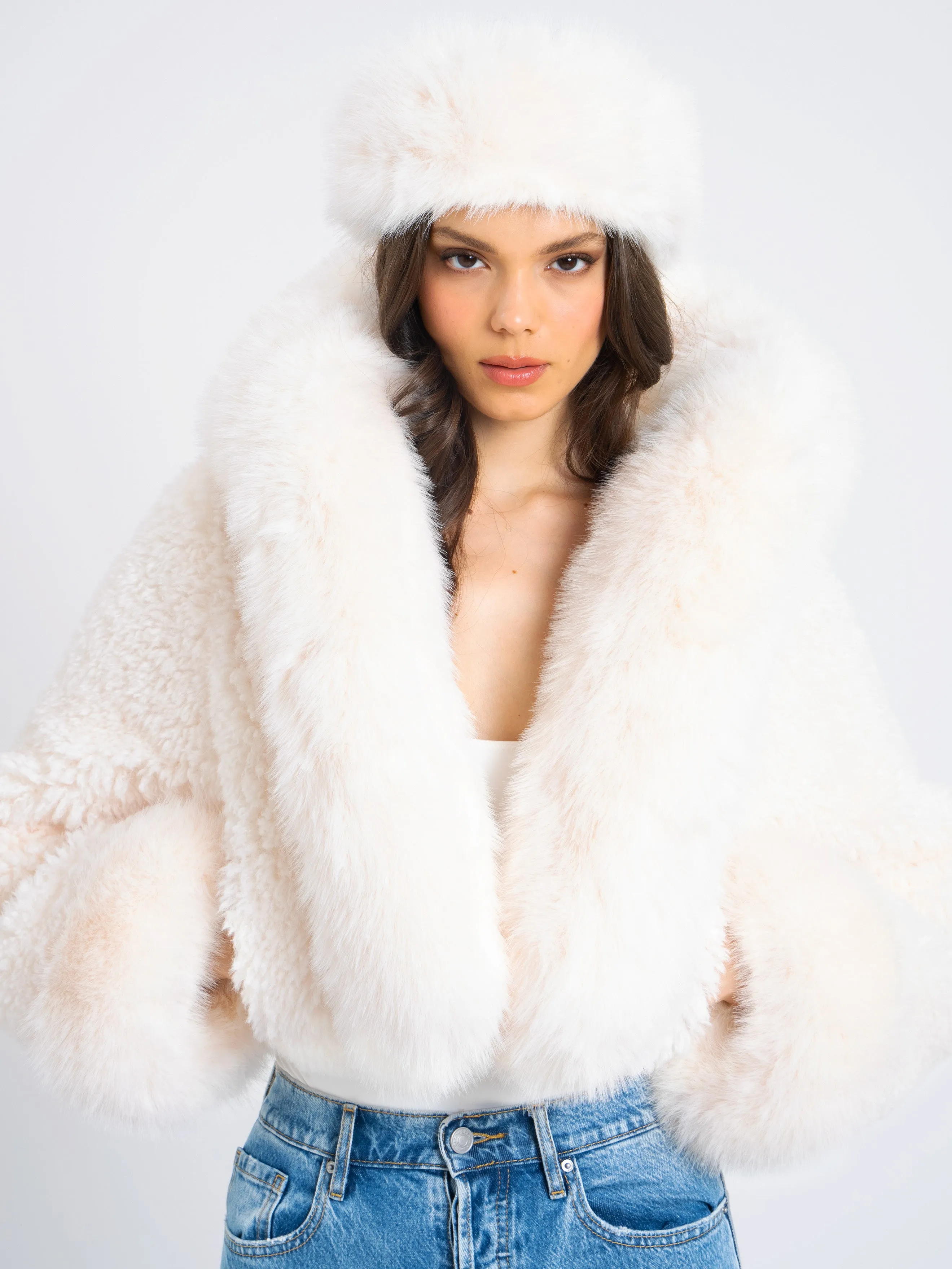 Kali White Cropped Vegan Fur Jacket With Hood