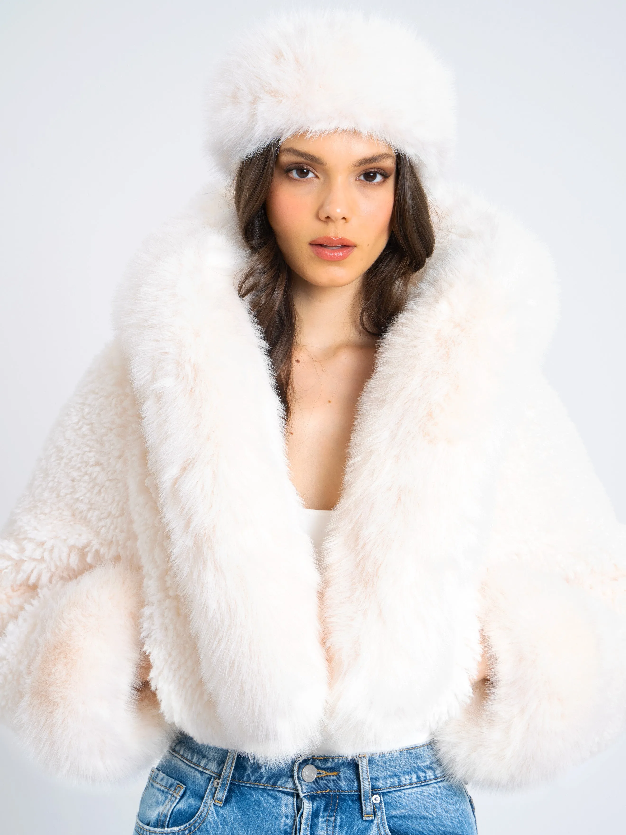 Kali White Cropped Vegan Fur Jacket With Hood