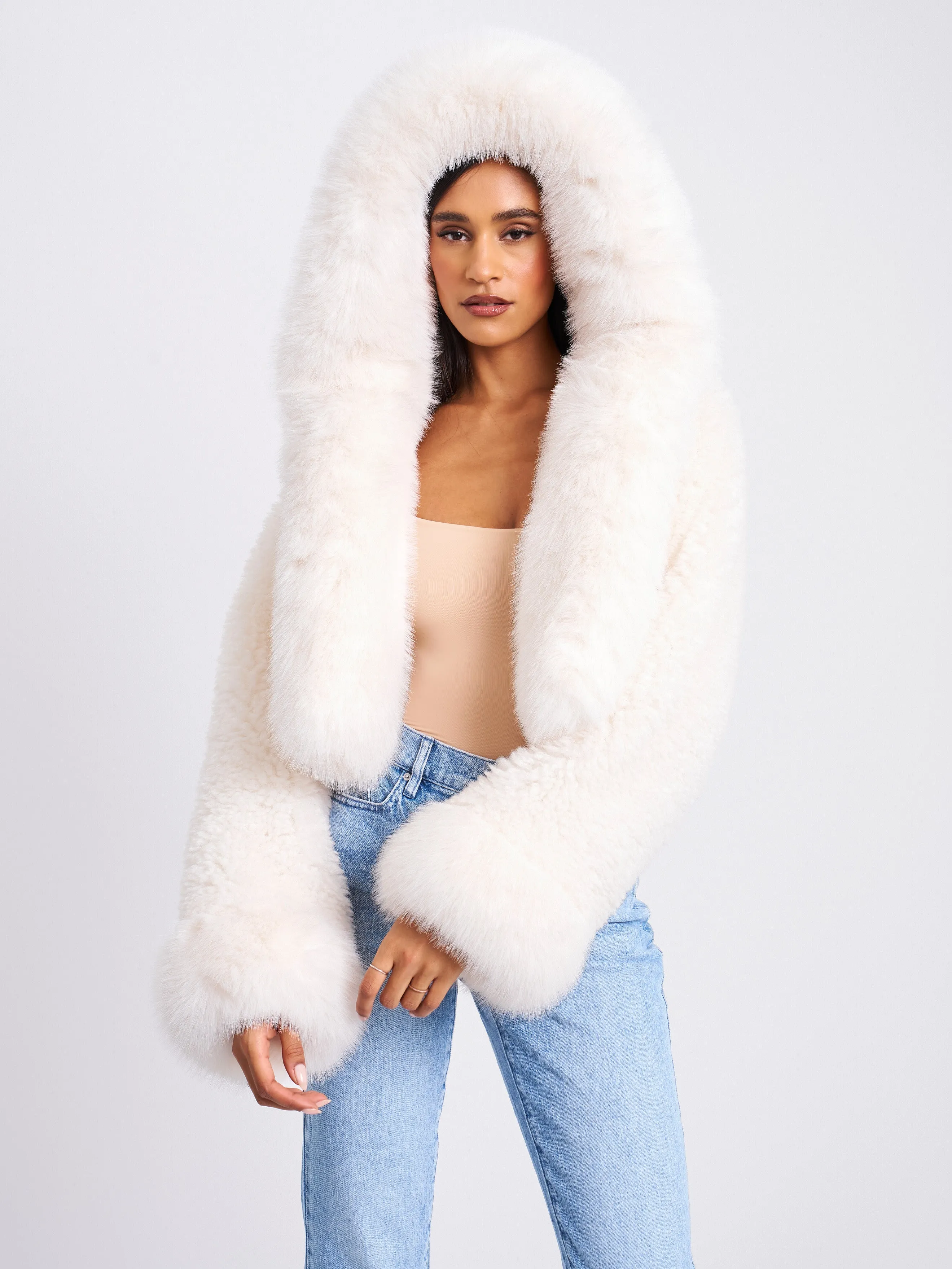 Kali White Cropped Vegan Fur Jacket With Hood