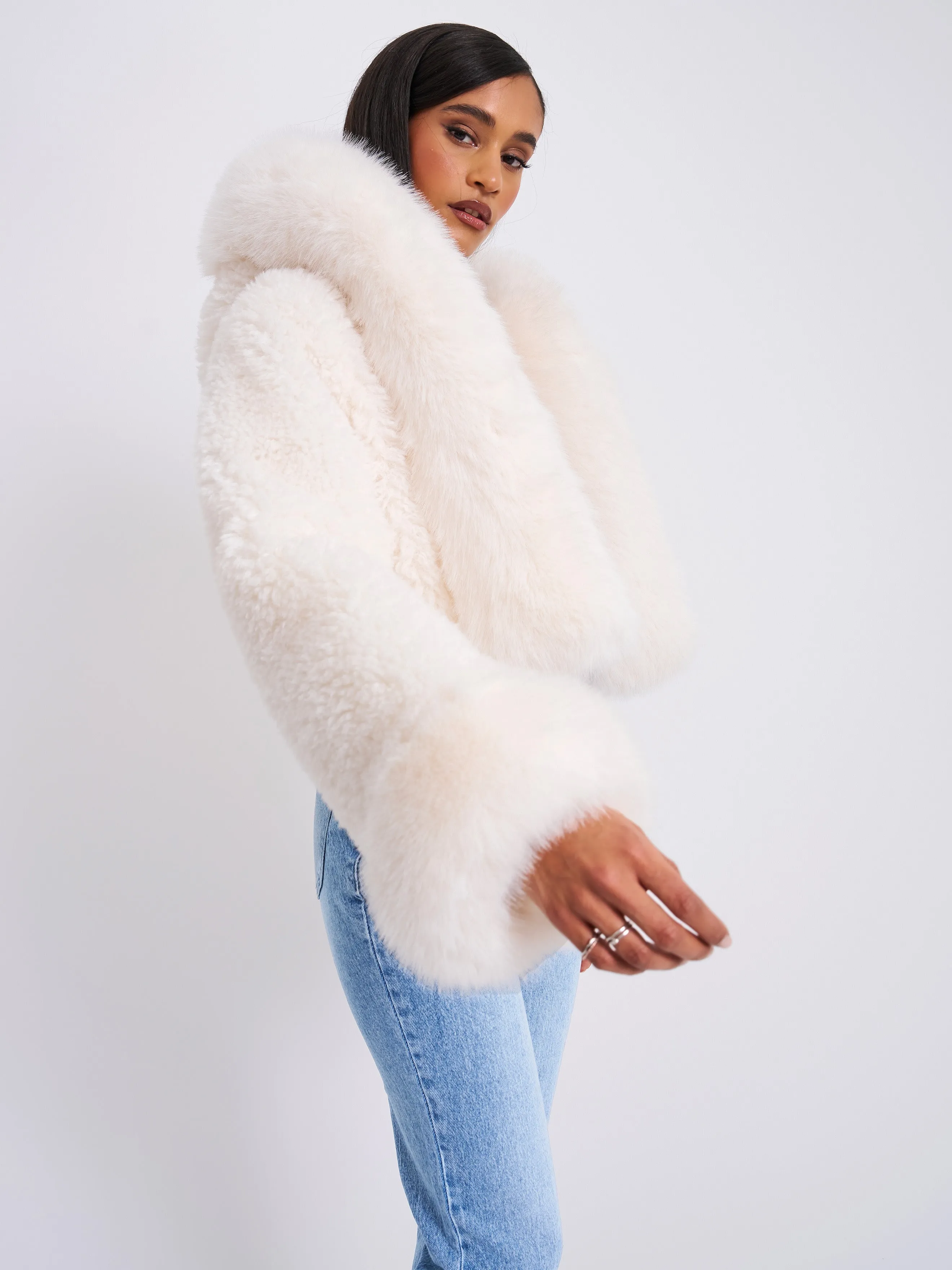 Kali White Cropped Vegan Fur Jacket With Hood