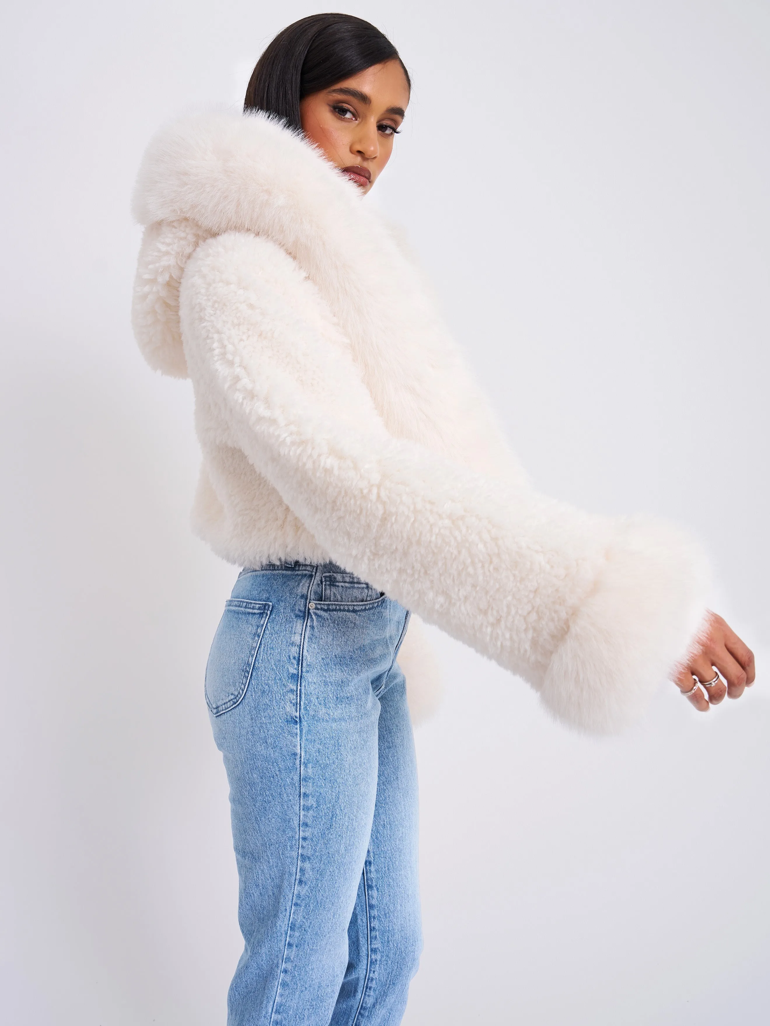 Kali White Cropped Vegan Fur Jacket With Hood