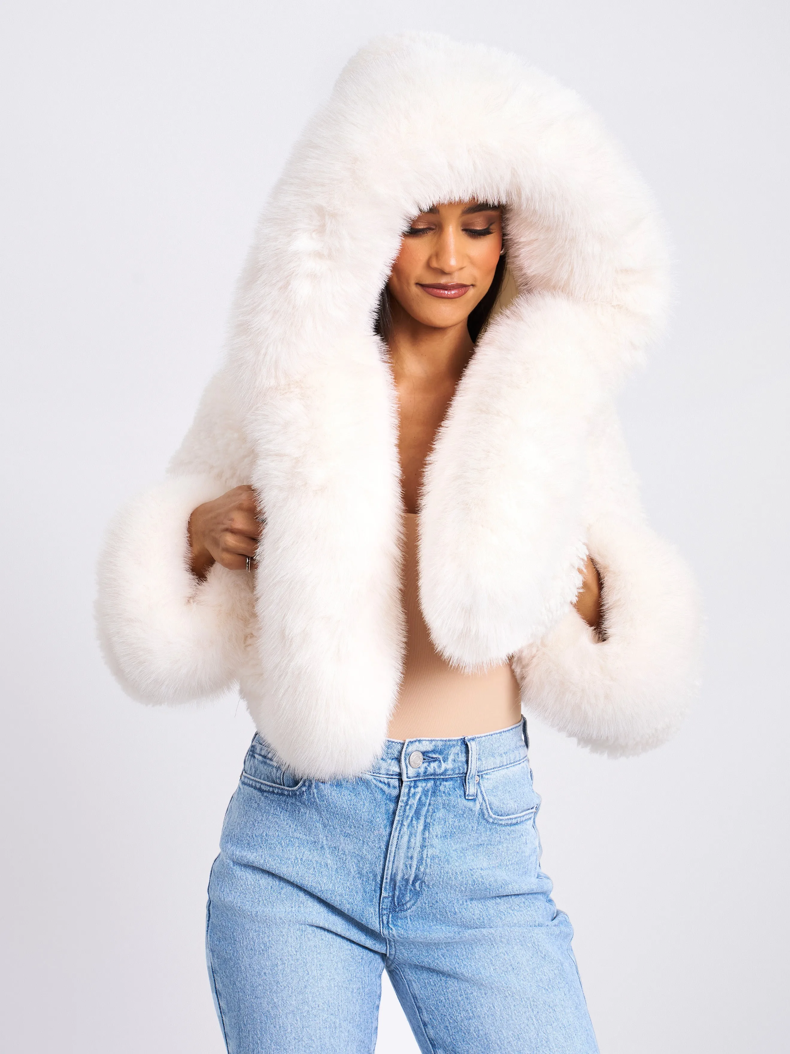 Kali White Cropped Vegan Fur Jacket With Hood