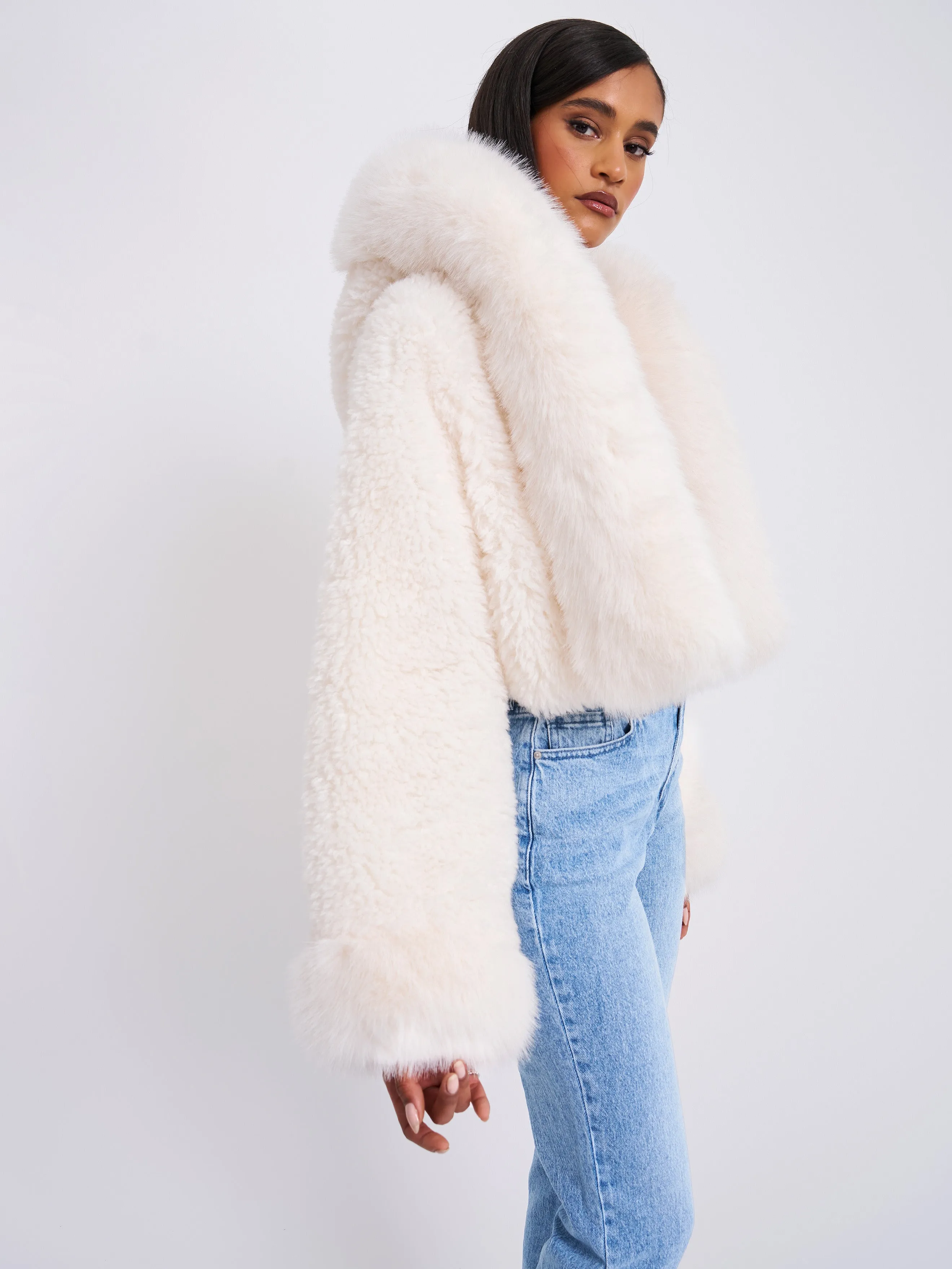 Kali White Cropped Vegan Fur Jacket With Hood