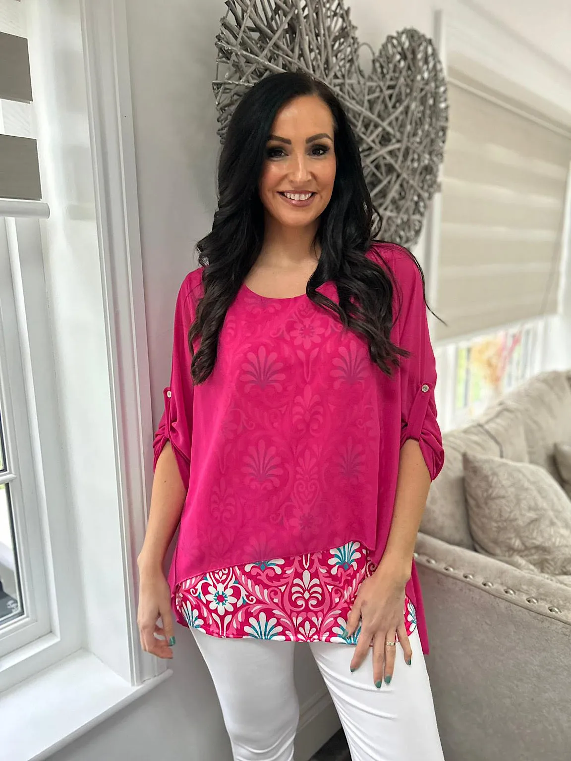 Lipstick Pink Layered Patterned Blouse Emily