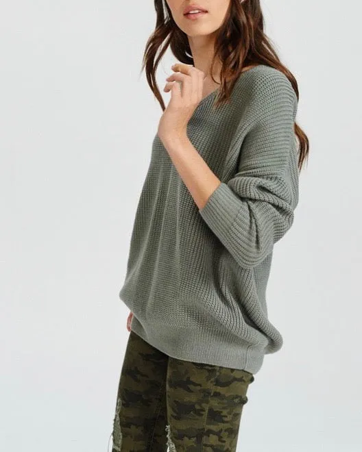 Long Sleeve Lace Up Back Slouchy Sweater in Mint