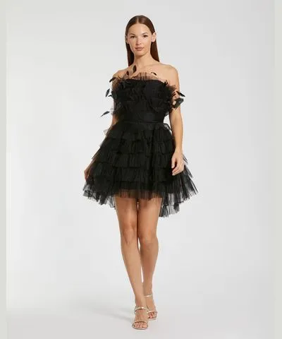 Mac Duggal Feathered Strapless Tulle Fit and Flare Dress