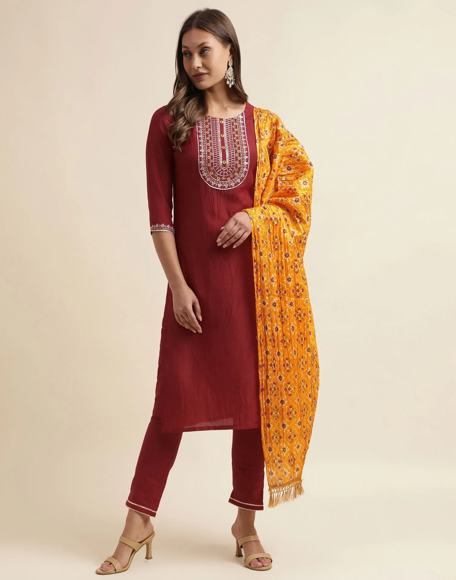 Maroon Plain Chinnon Straight Kurta With Pant And Dupatta