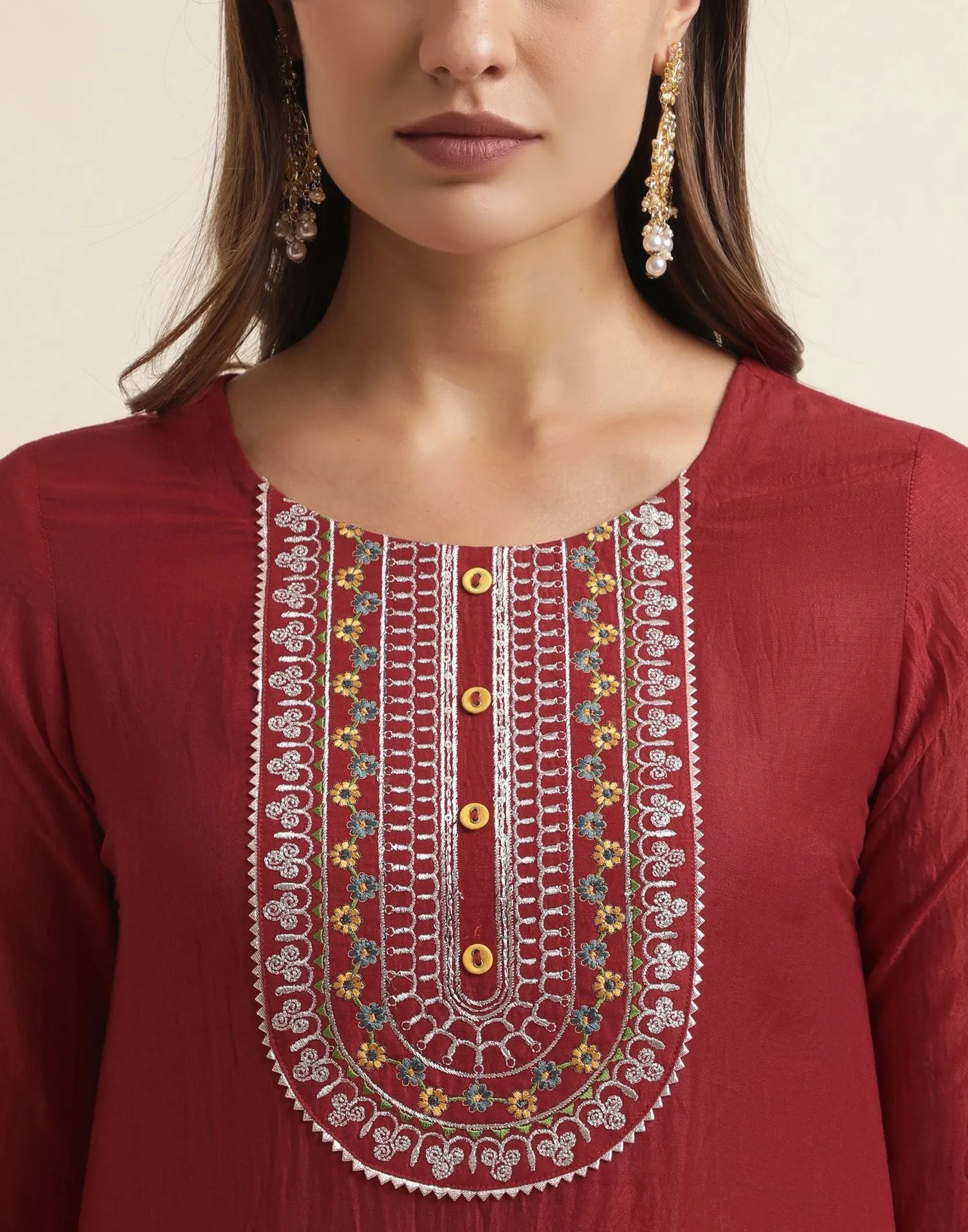 Maroon Plain Chinnon Straight Kurta With Pant And Dupatta