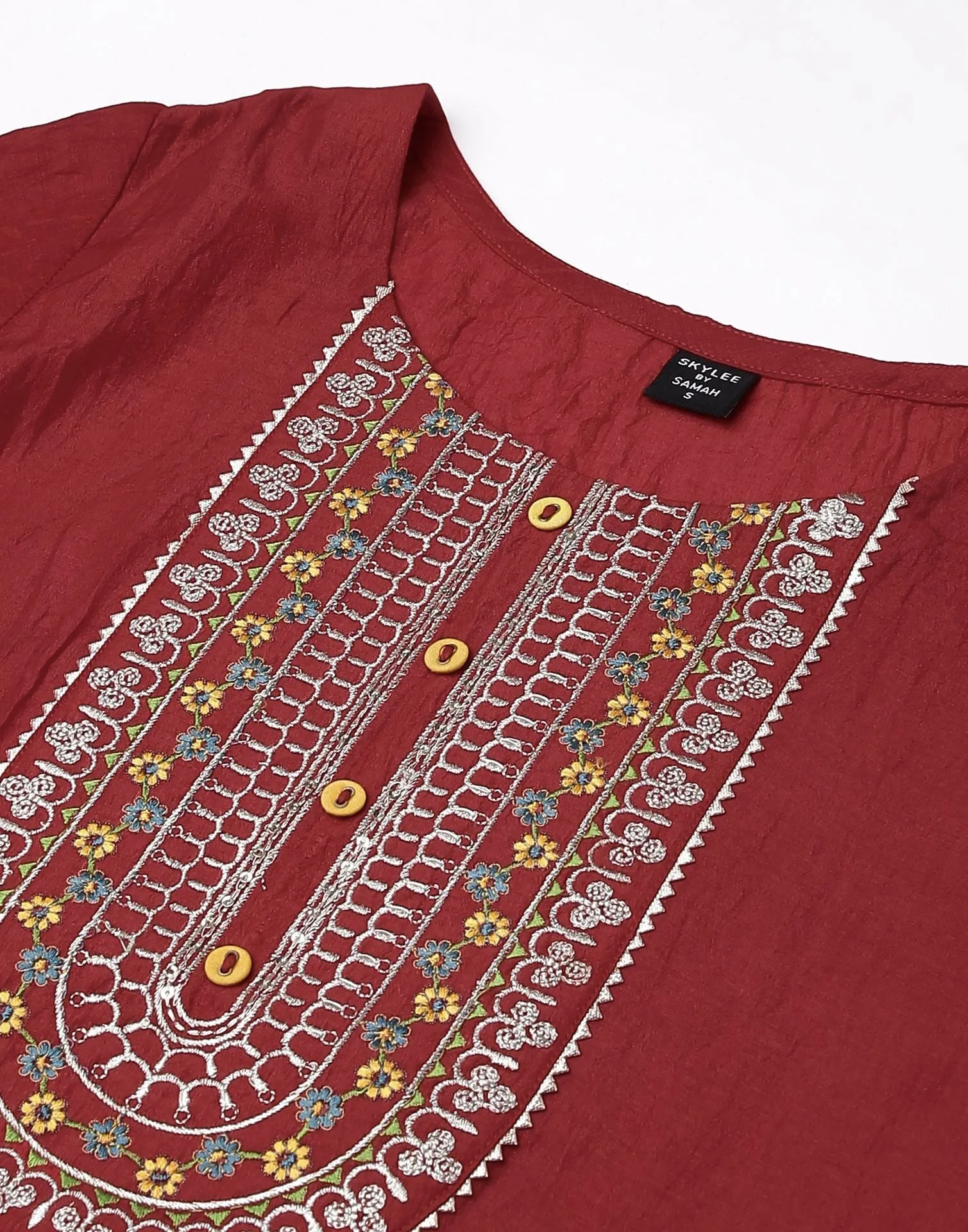 Maroon Plain Chinnon Straight Kurta With Pant And Dupatta