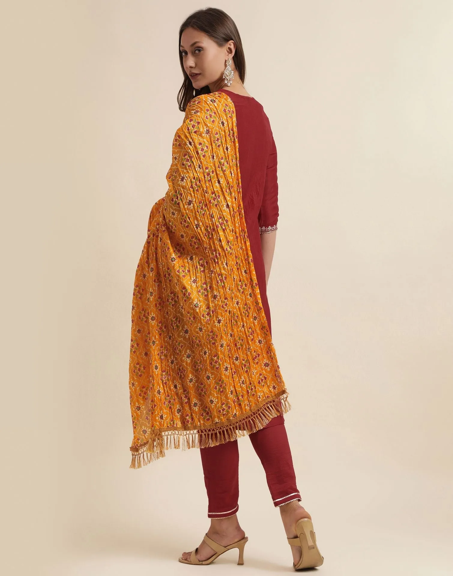 Maroon Plain Chinnon Straight Kurta With Pant And Dupatta