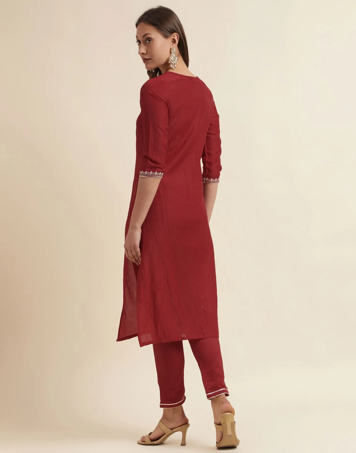 Maroon Plain Chinnon Straight Kurta With Pant And Dupatta