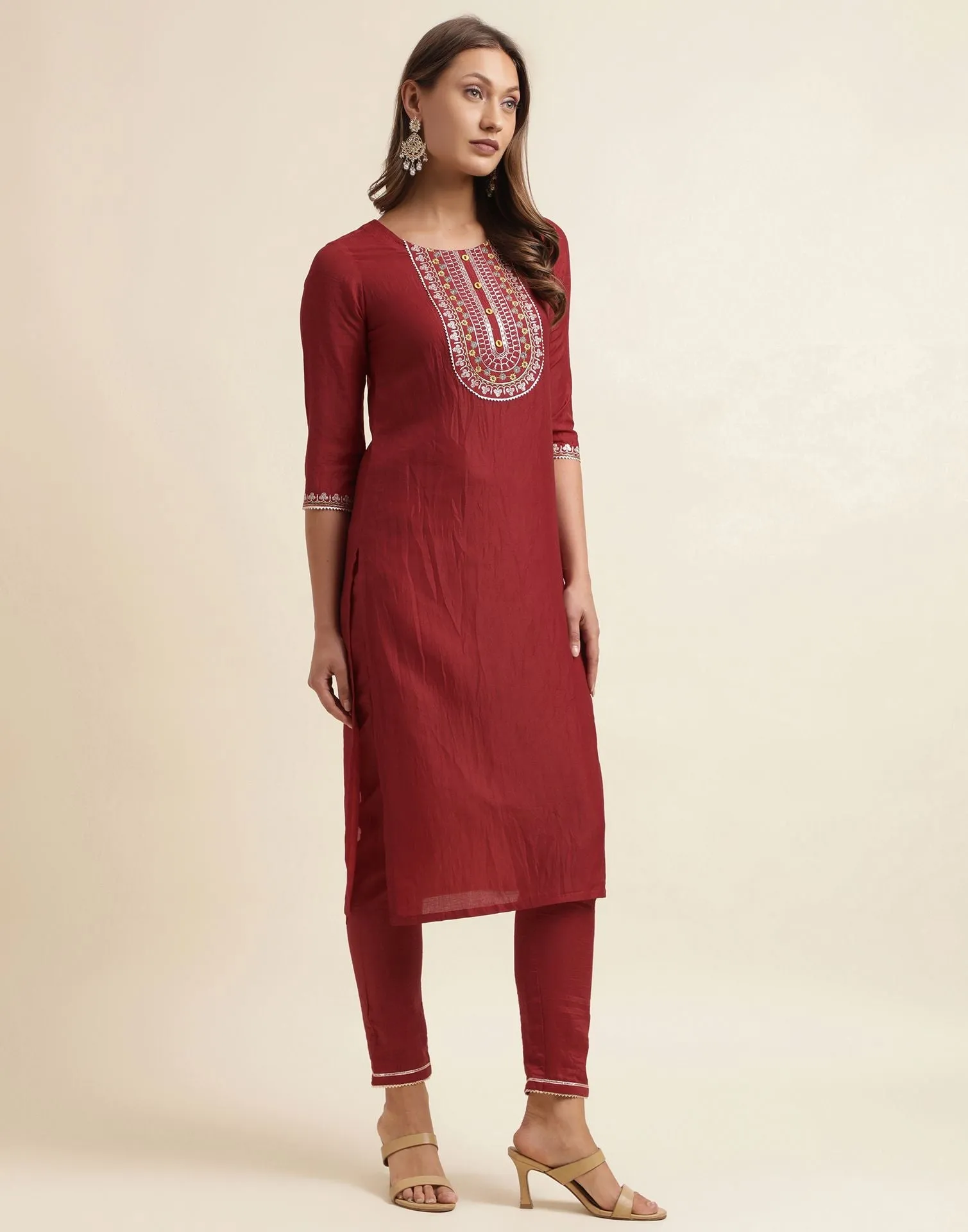 Maroon Plain Chinnon Straight Kurta With Pant And Dupatta