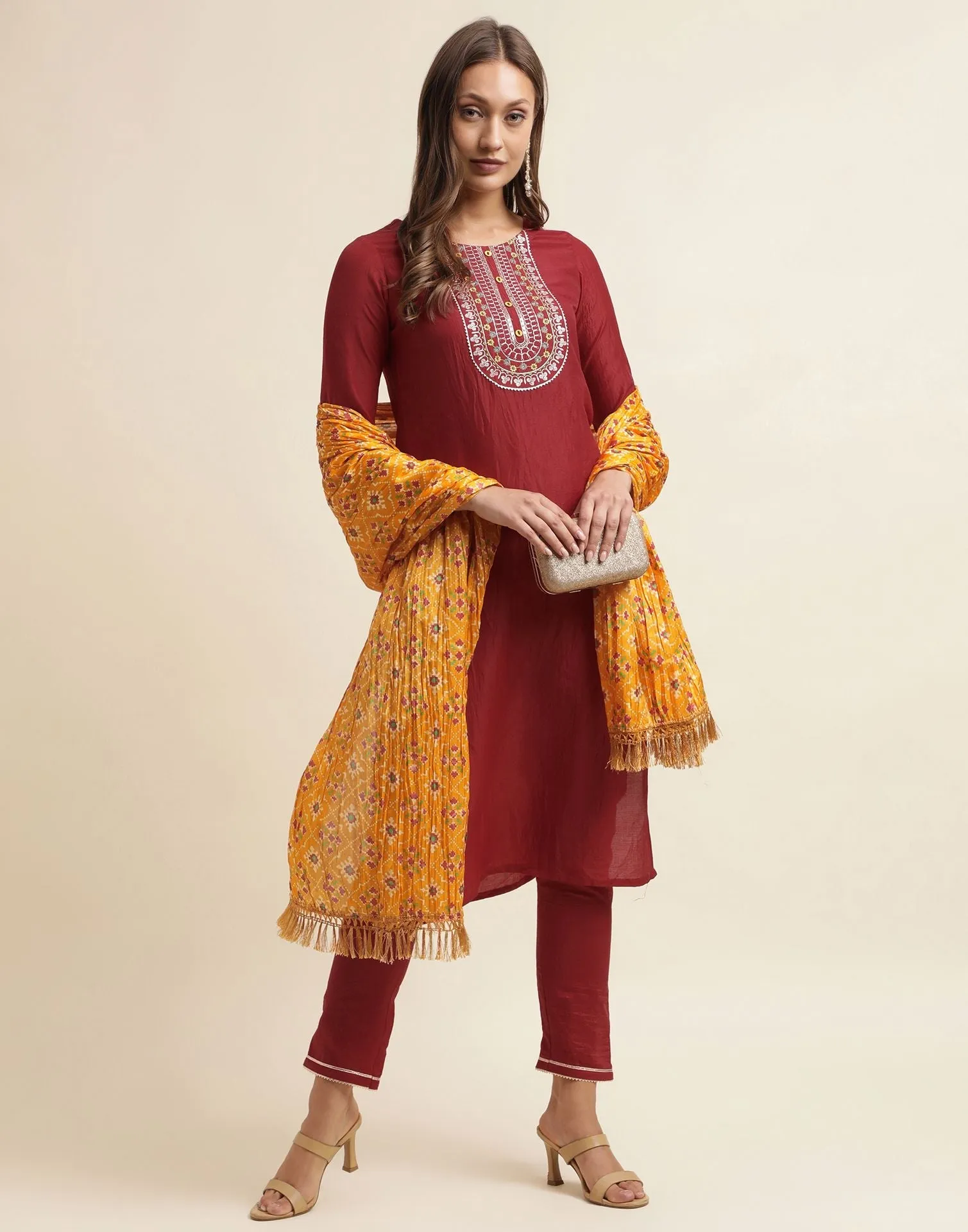 Maroon Plain Chinnon Straight Kurta With Pant And Dupatta