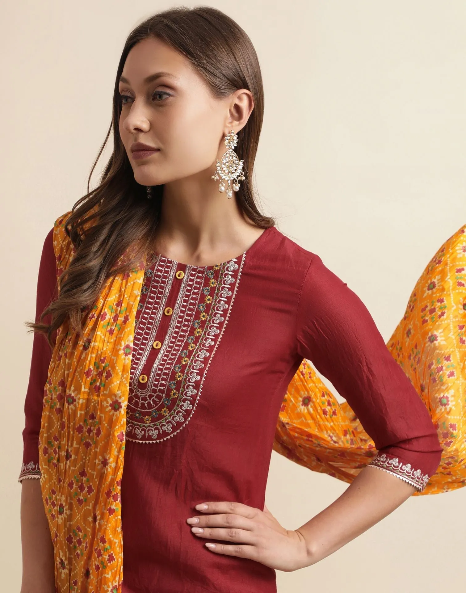 Maroon Plain Chinnon Straight Kurta With Pant And Dupatta