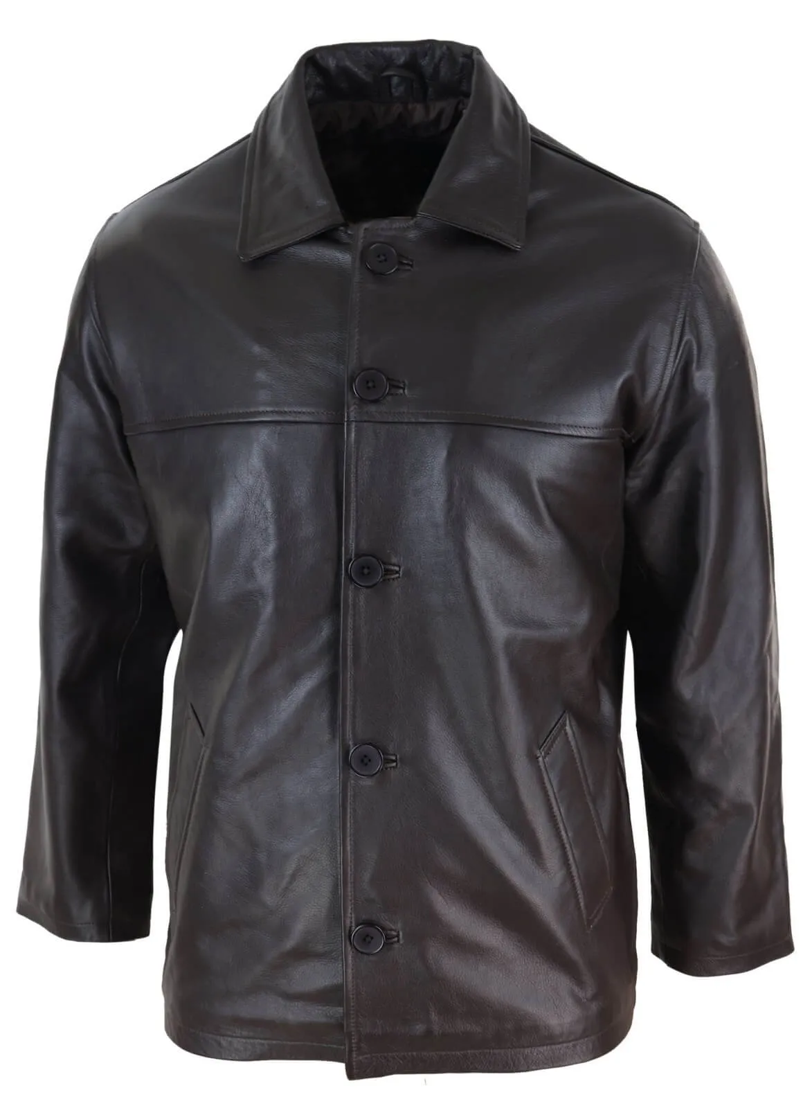 Men Mid Brown Length Classic Leather Coat