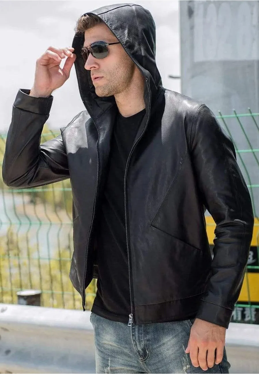 Men's Black Leather Jacket With Hood