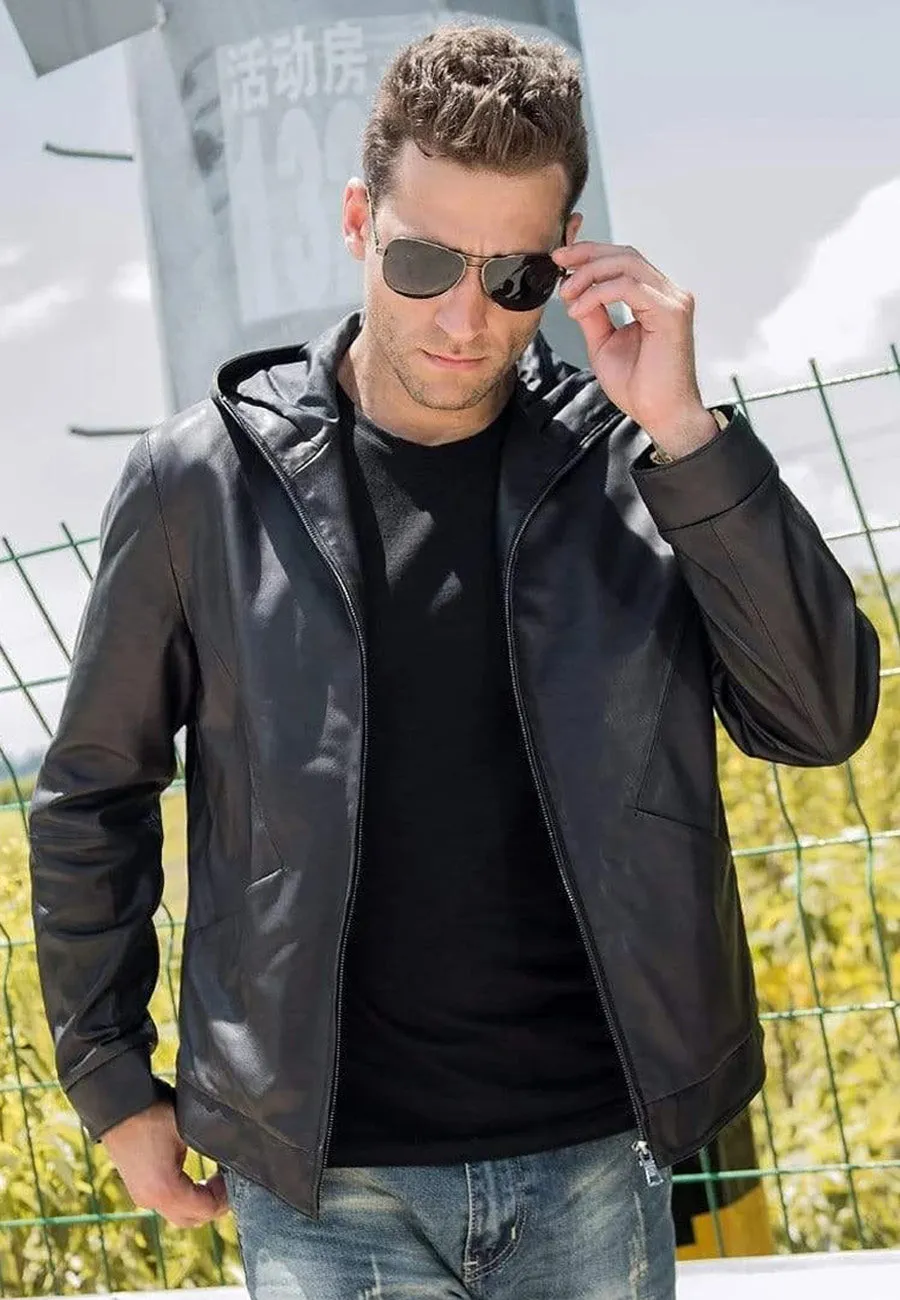 Men's Black Leather Jacket With Hood