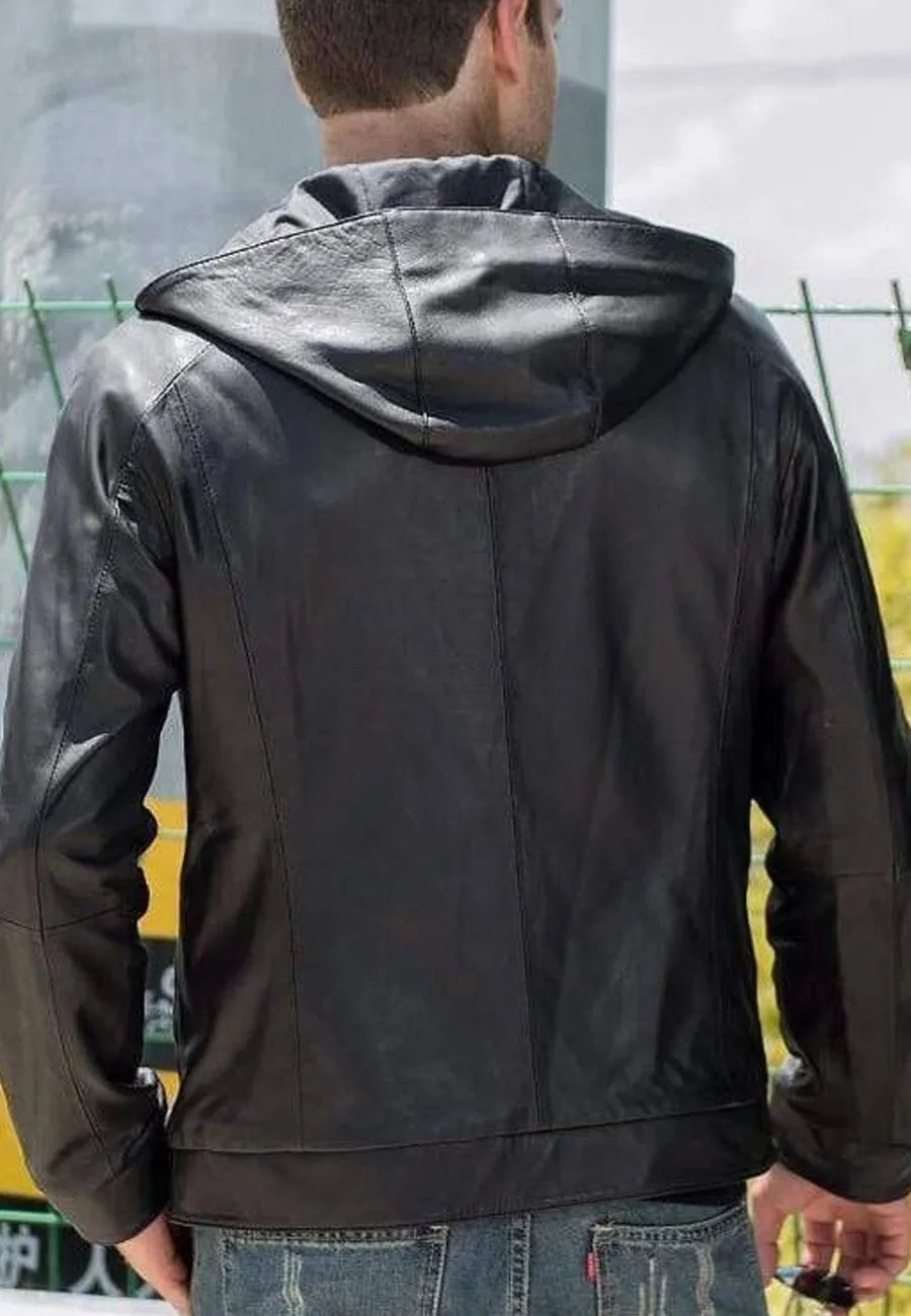 Men's Black Leather Jacket With Hood