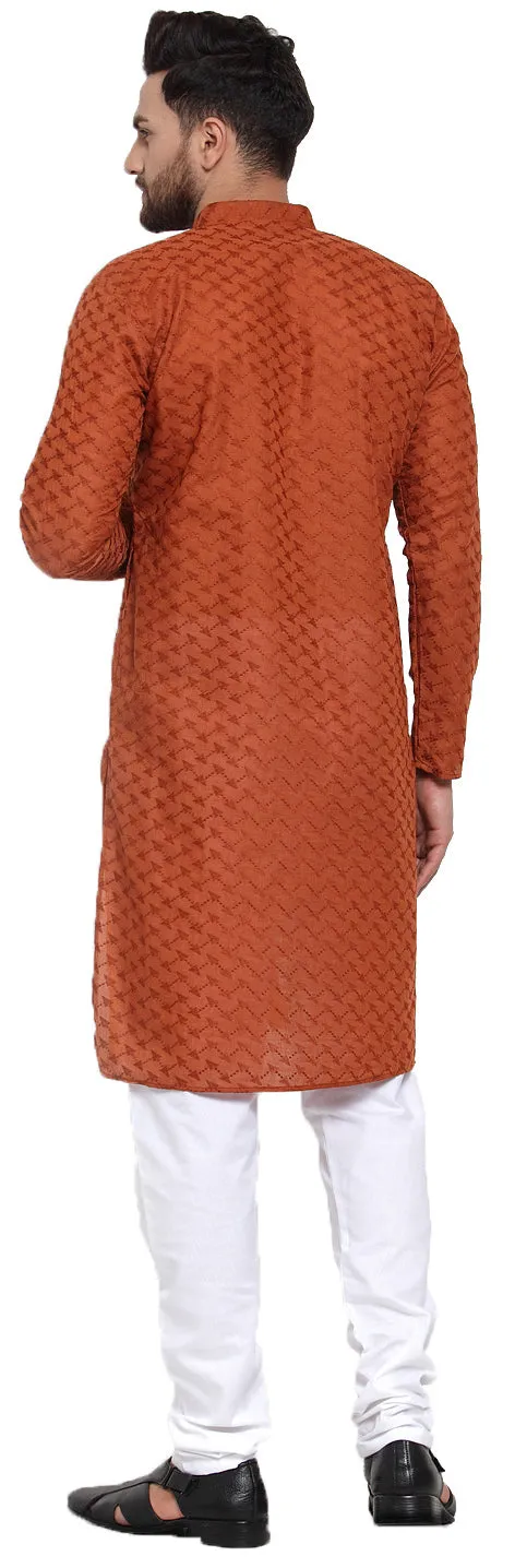 Men's Cotton Chikan Kurta Pajama Evening Wear India Apparel (Brown)