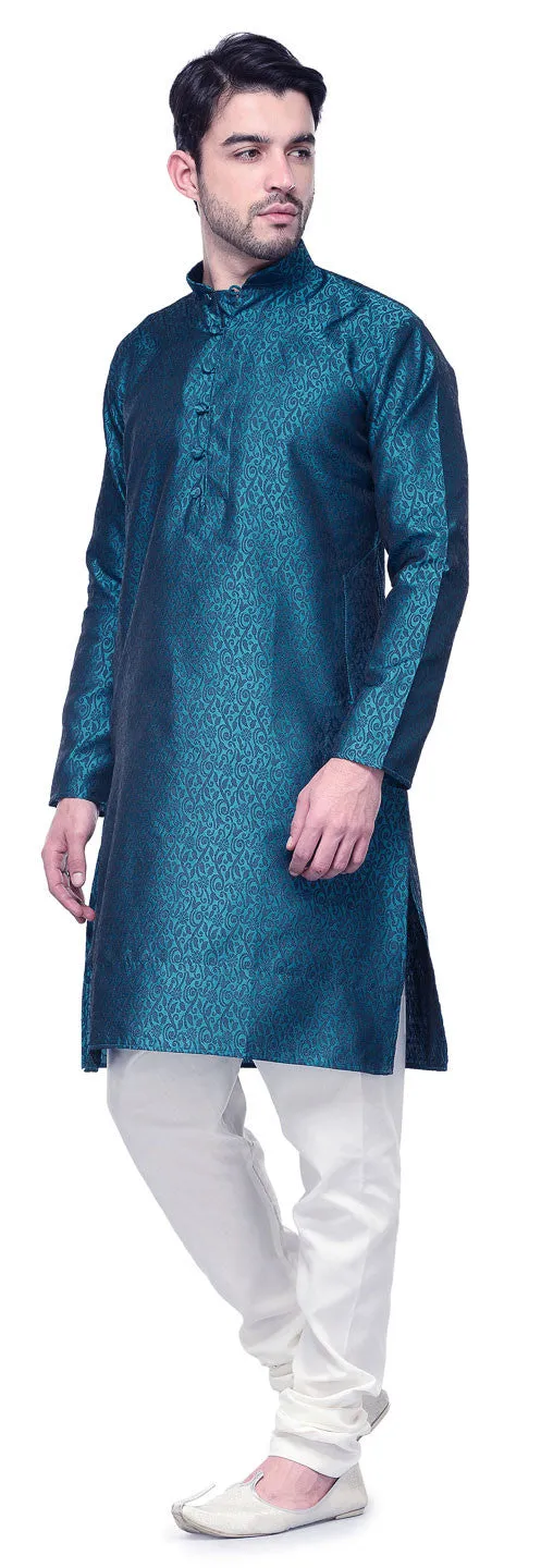 Mens Kurta Pajama Jacquard Silk Indian Party Wear (Blue)