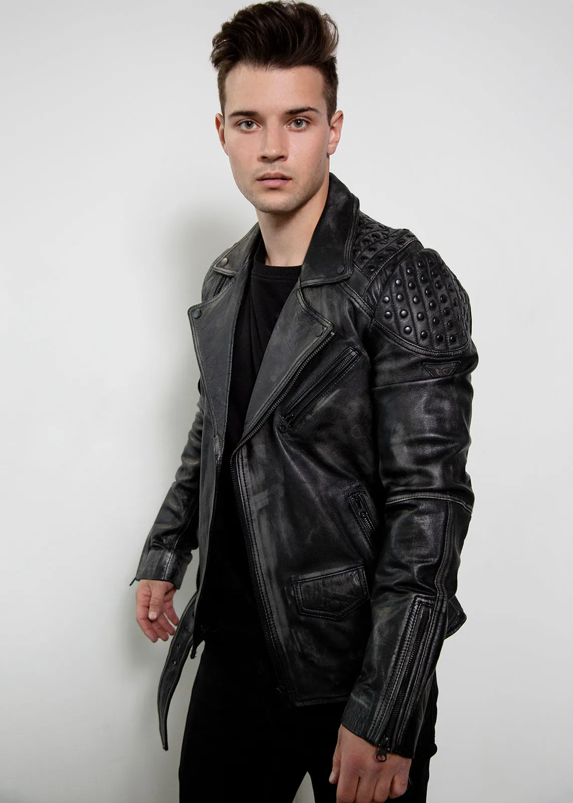 Mens Nathan Smooth Studded Shoulder Black Moto Leather Jacket - Luca Designs