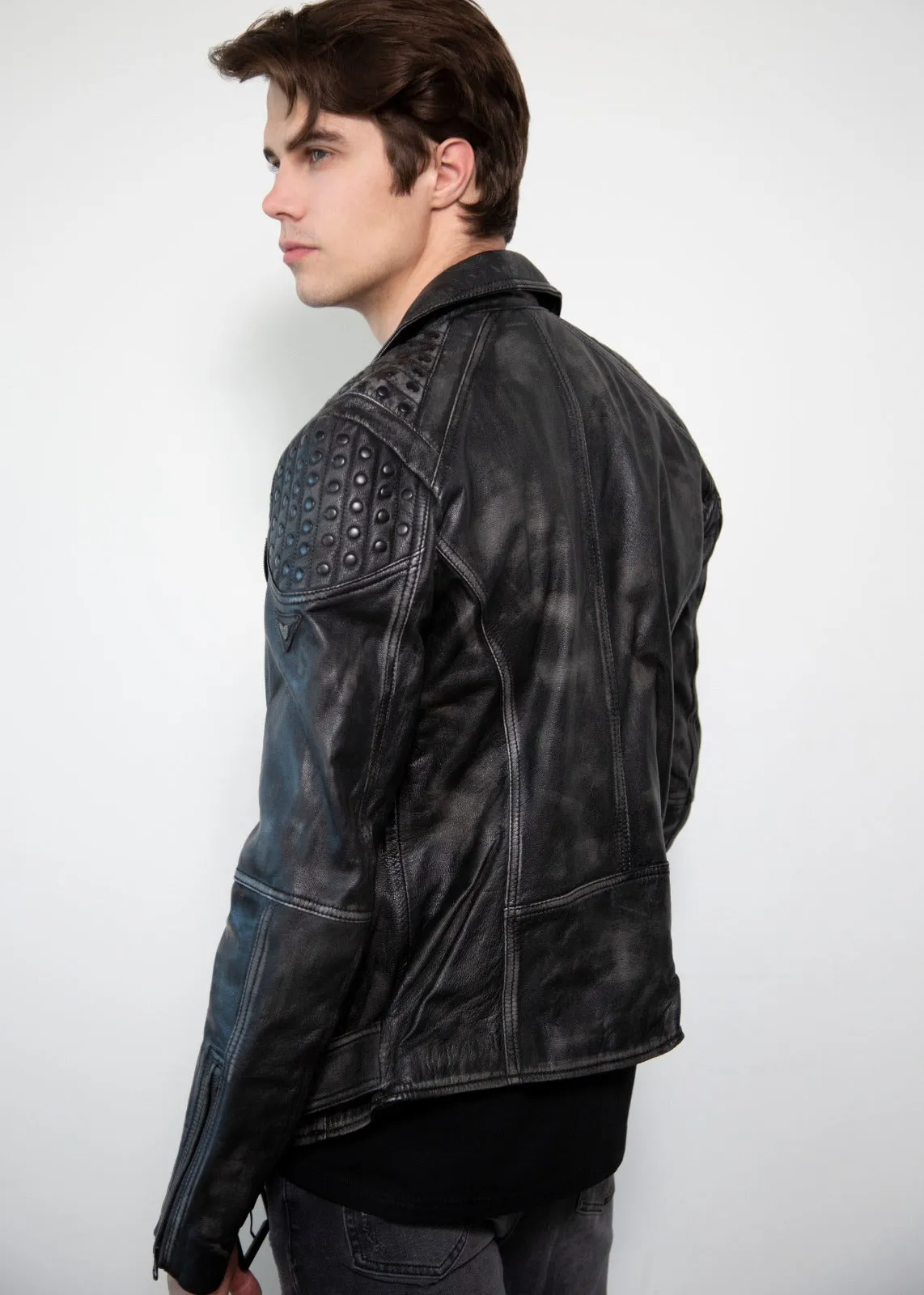 Mens Nathan Smooth Studded Shoulder Black Moto Leather Jacket - Luca Designs