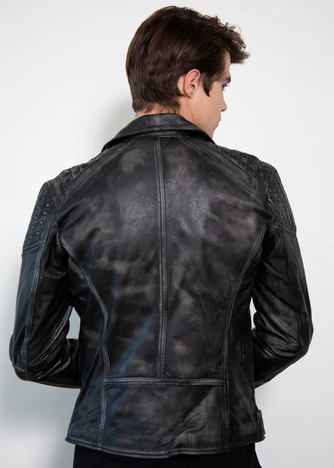 Mens Nathan Smooth Studded Shoulder Black Moto Leather Jacket - Luca Designs