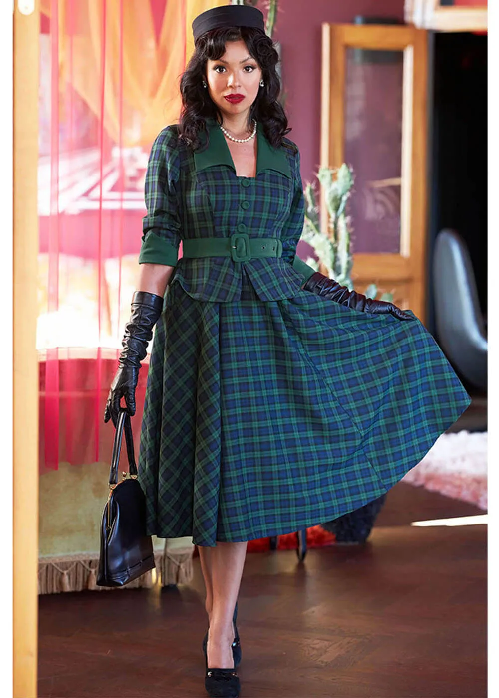 Miss Candyfloss Esmee Gia Tartan 50's Swing Dress Emerald