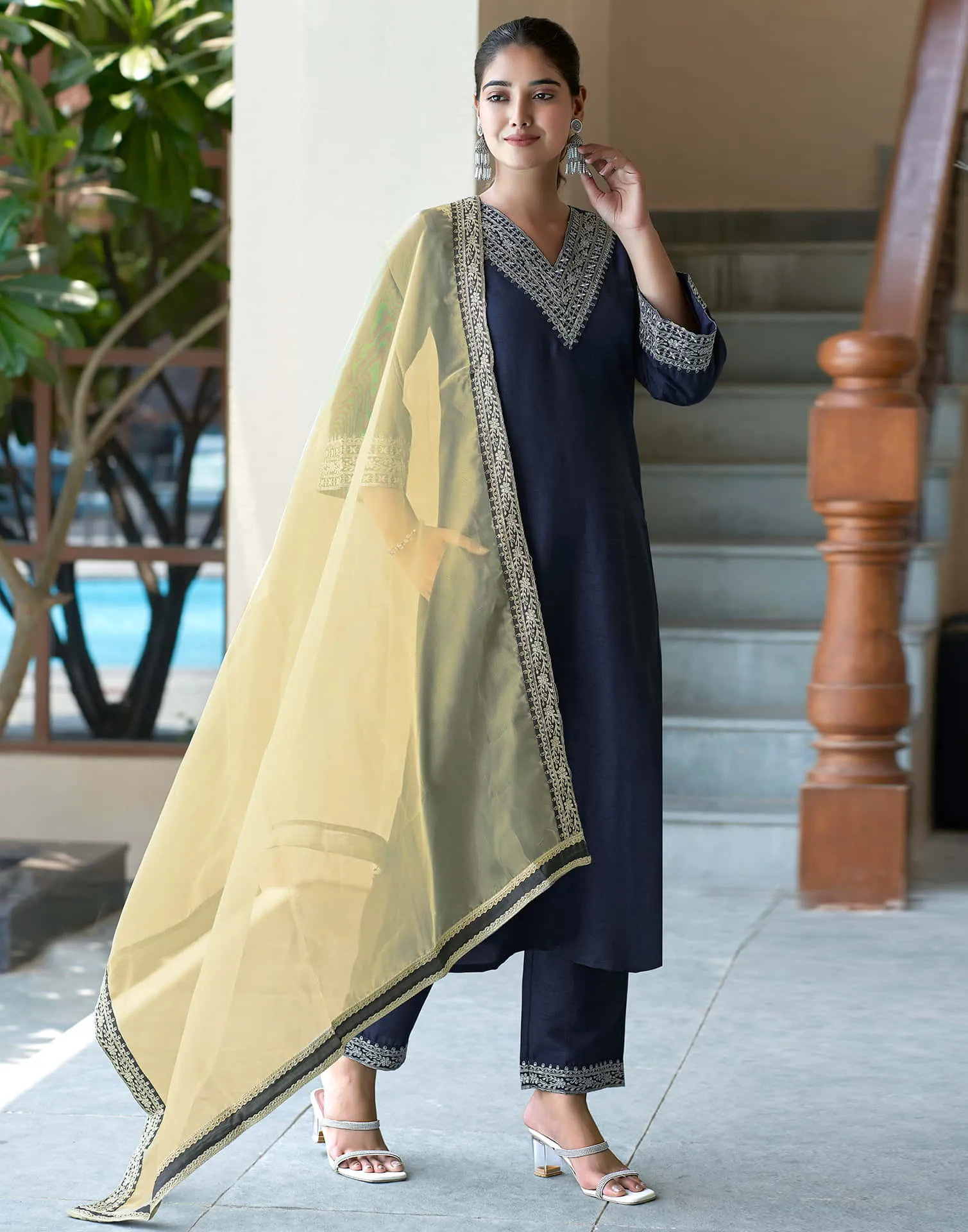 Navy Blue Sequence Silk Straight Kurta With Pant And Dupatta