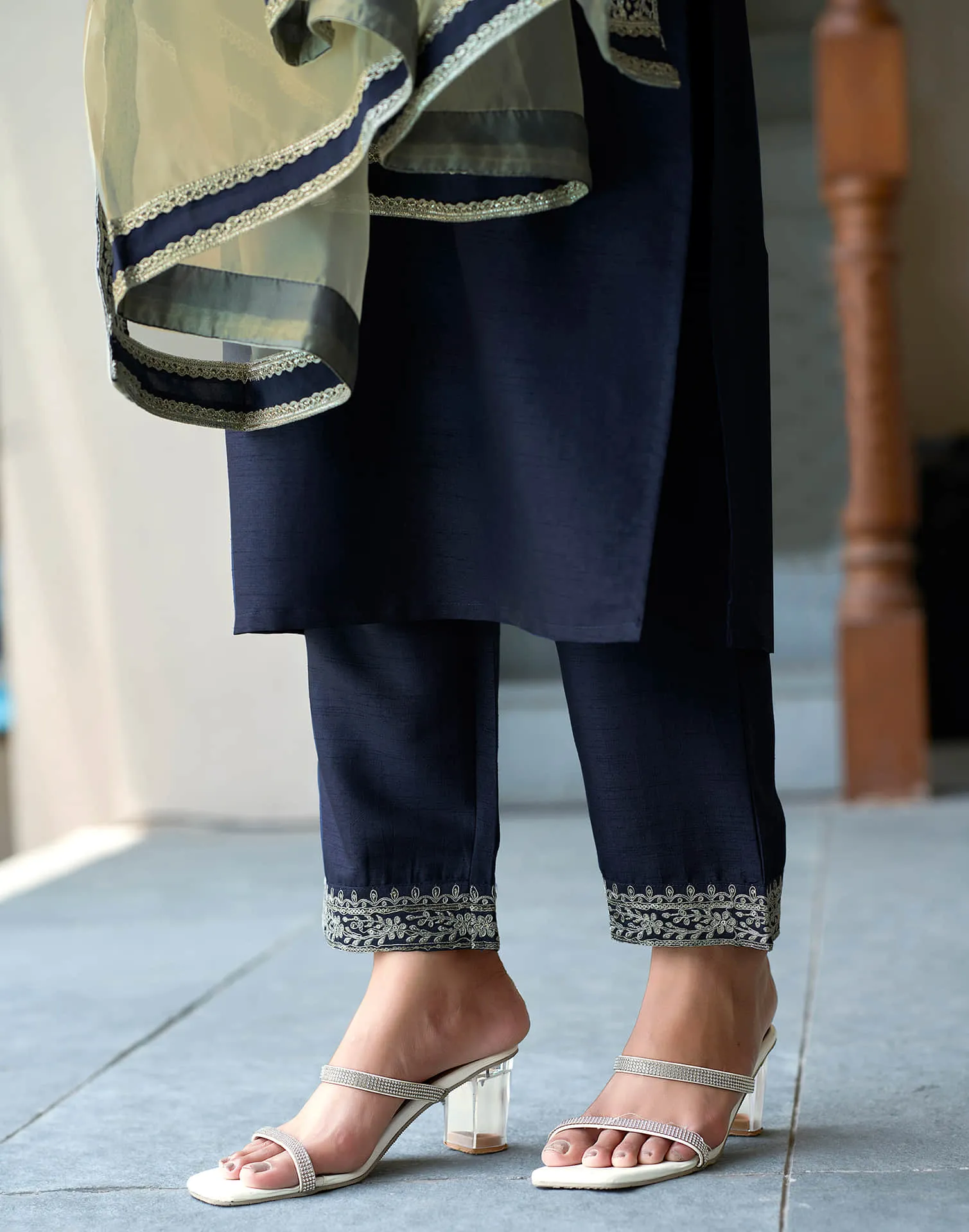 Navy Blue Sequence Silk Straight Kurta With Pant And Dupatta