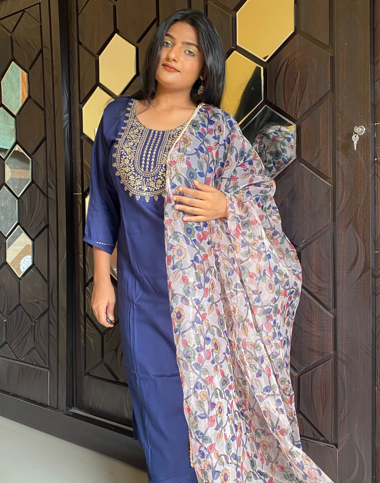 Navy Blue Sequence Straight Kurti With Pant And Dupatta