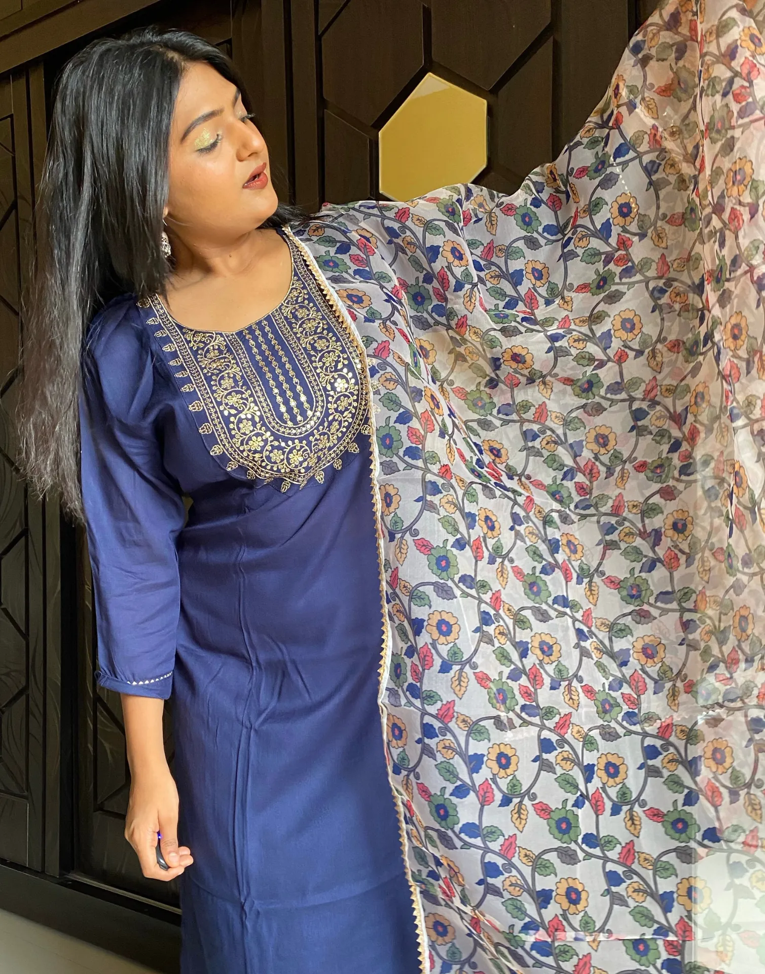 Navy Blue Sequence Straight Kurti With Pant And Dupatta