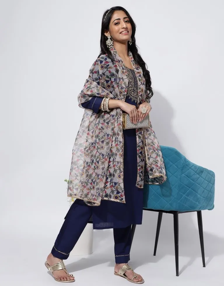 Navy Blue Sequence Straight Kurti With Pant And Dupatta