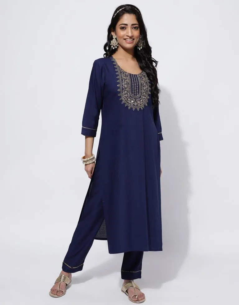 Navy Blue Sequence Straight Kurti With Pant And Dupatta