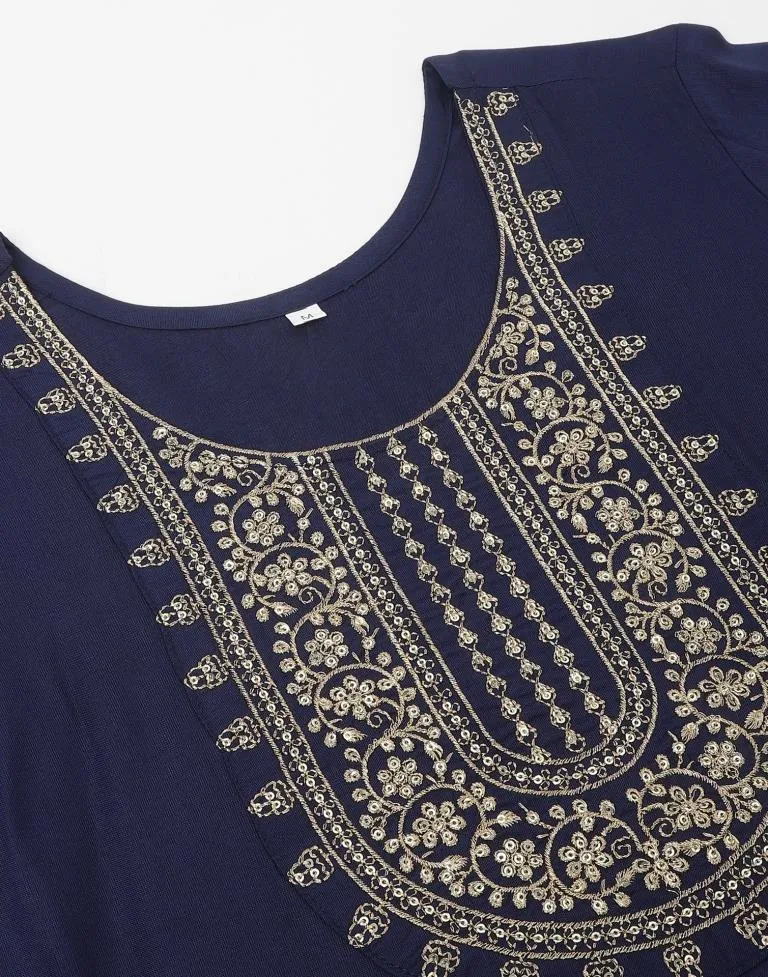 Navy Blue Sequence Straight Kurti With Pant And Dupatta