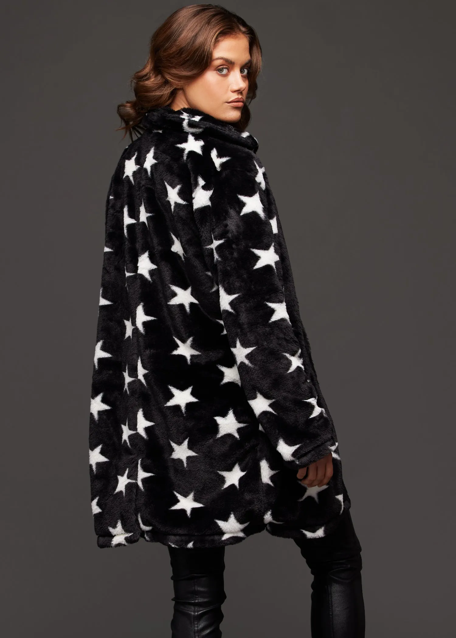 Nightfall Black and White Stars Faux Fur Coat