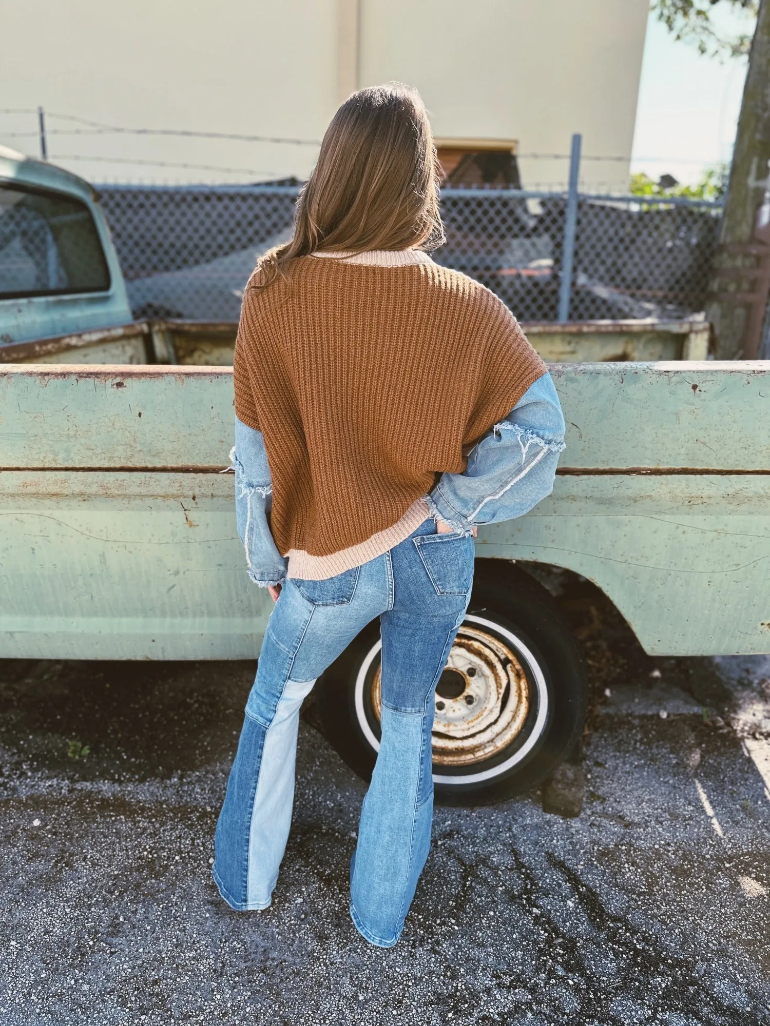 No Boundaries Denim Sleeve Two Tone Sweater