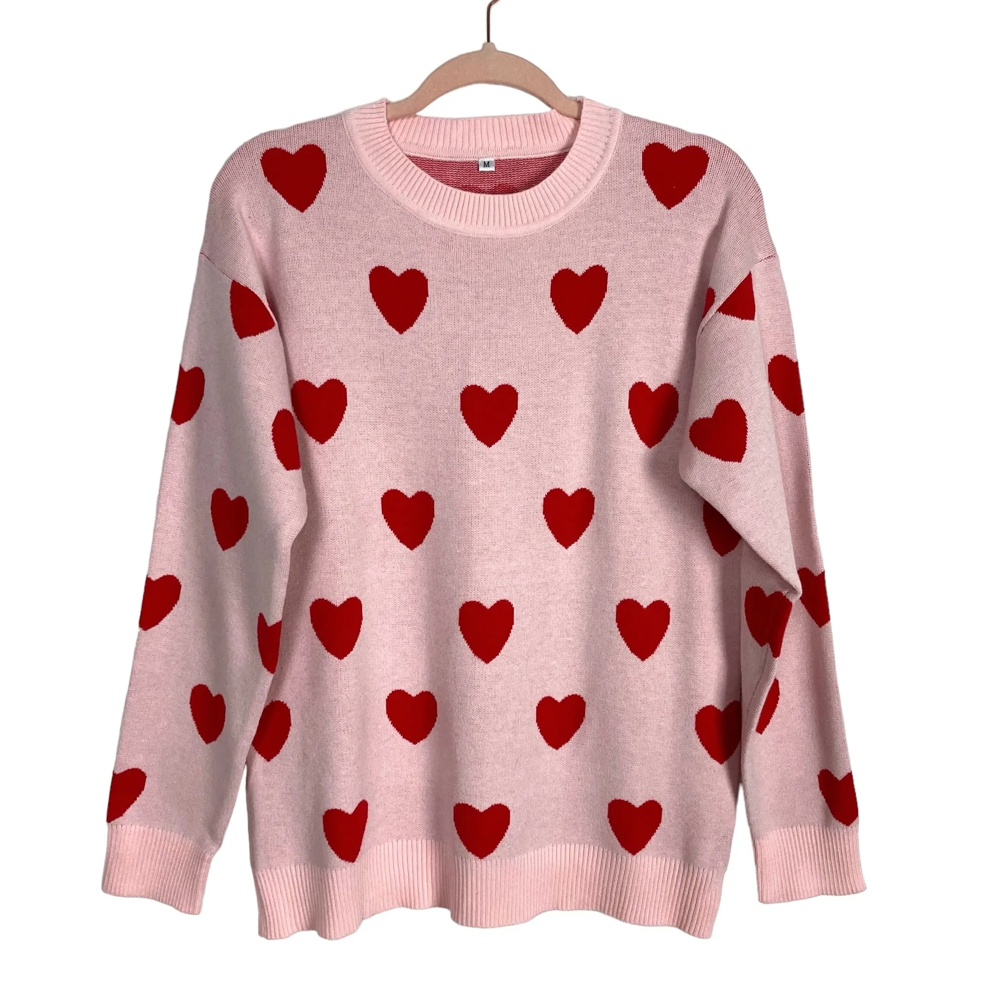 No Brand Pink with Red Hearts Sweater- Size M