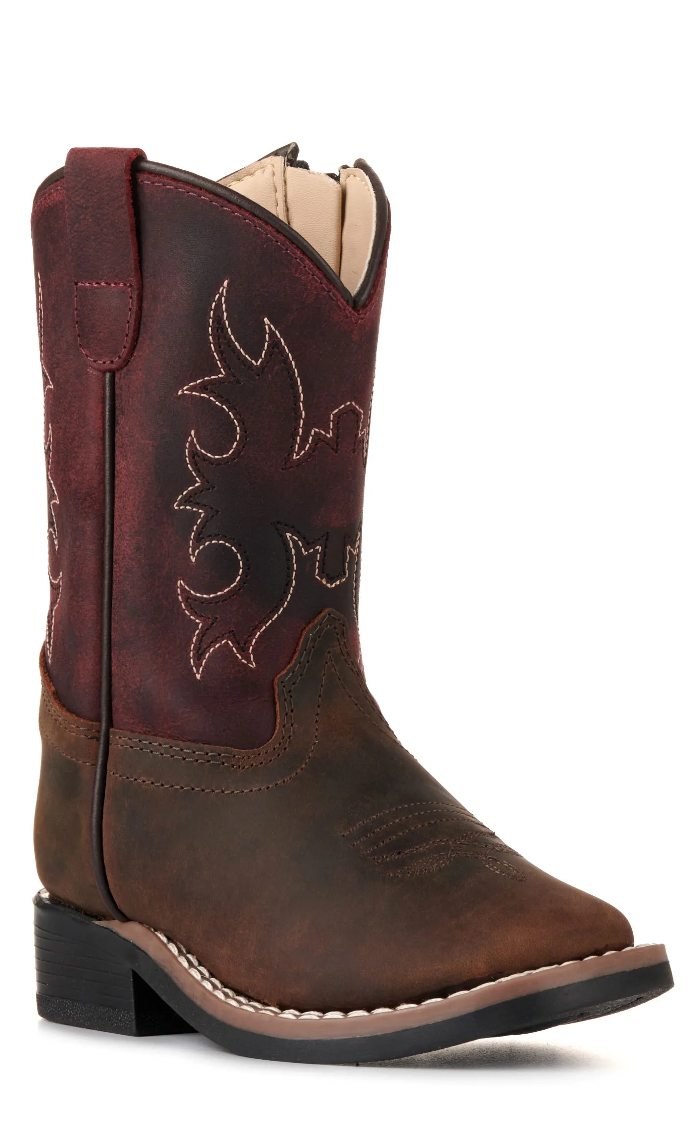 Old West Toddler Brown and Burgundy Wide Square Toe Cowboy Boots