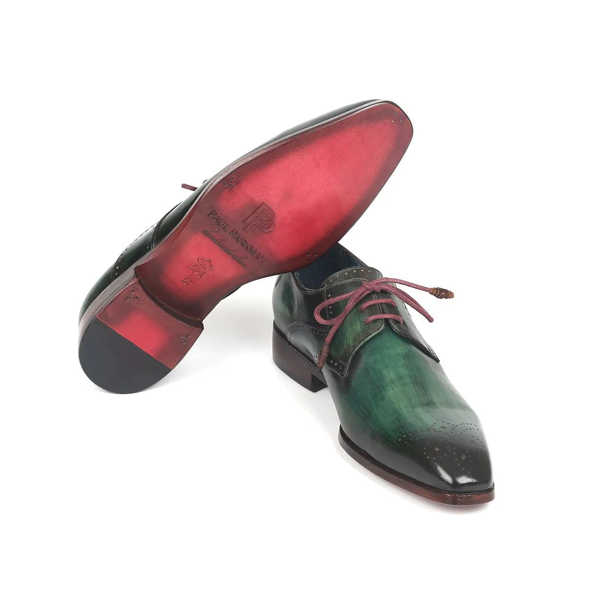 Paul Parkman 6584-GRN Men's Shoes Green Calf-Skin Leather Medallion Toe Derby Oxfords (PM6274)