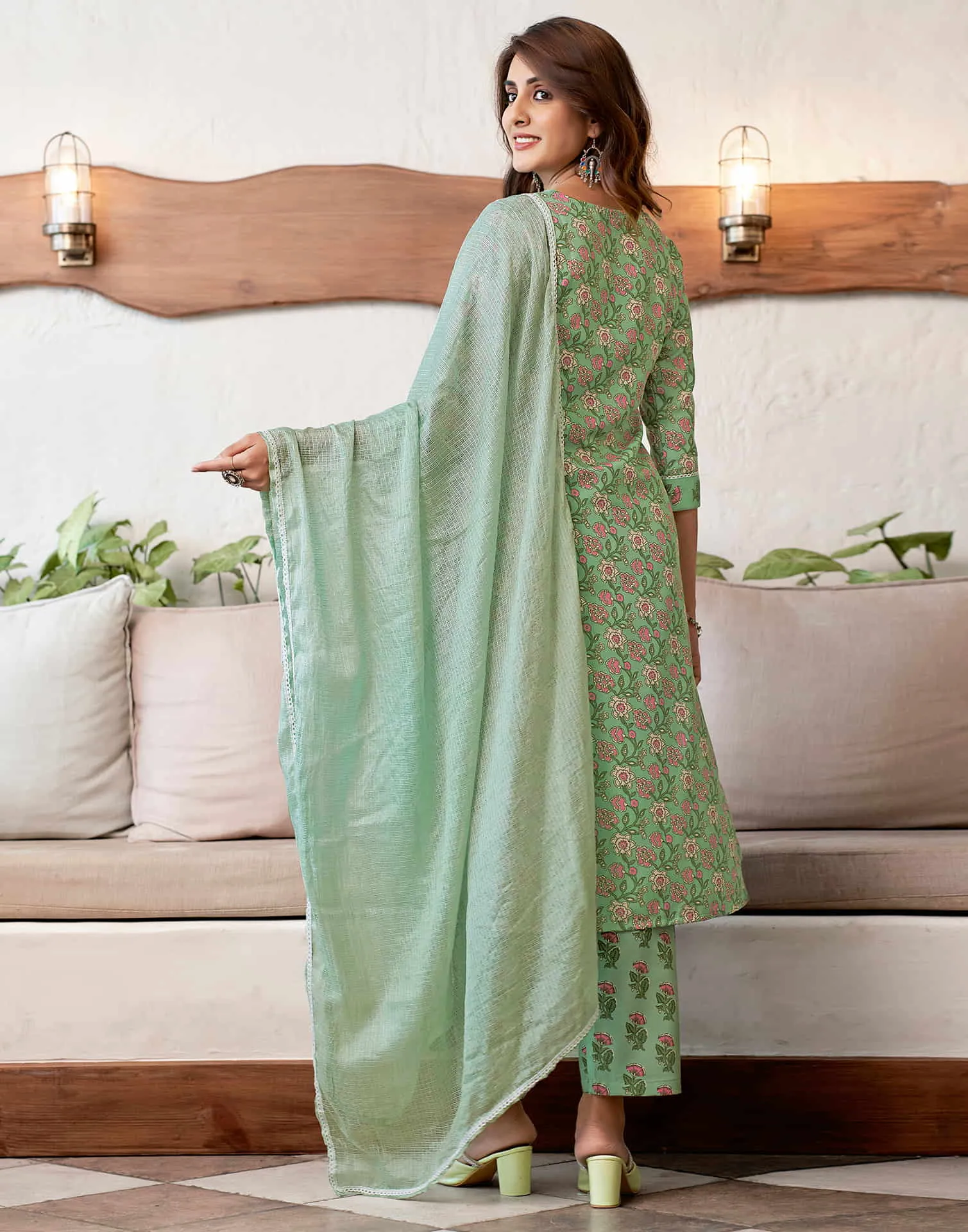 Pista Green Printed Rayon Straight Kurta With Pant And Dupatta