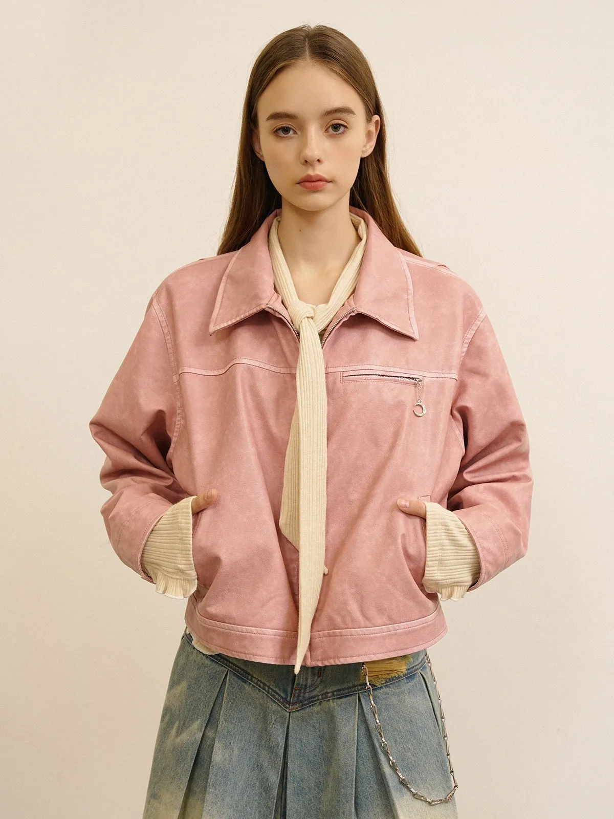 Plain Cute Refreshing  Retro Leather-Jacket