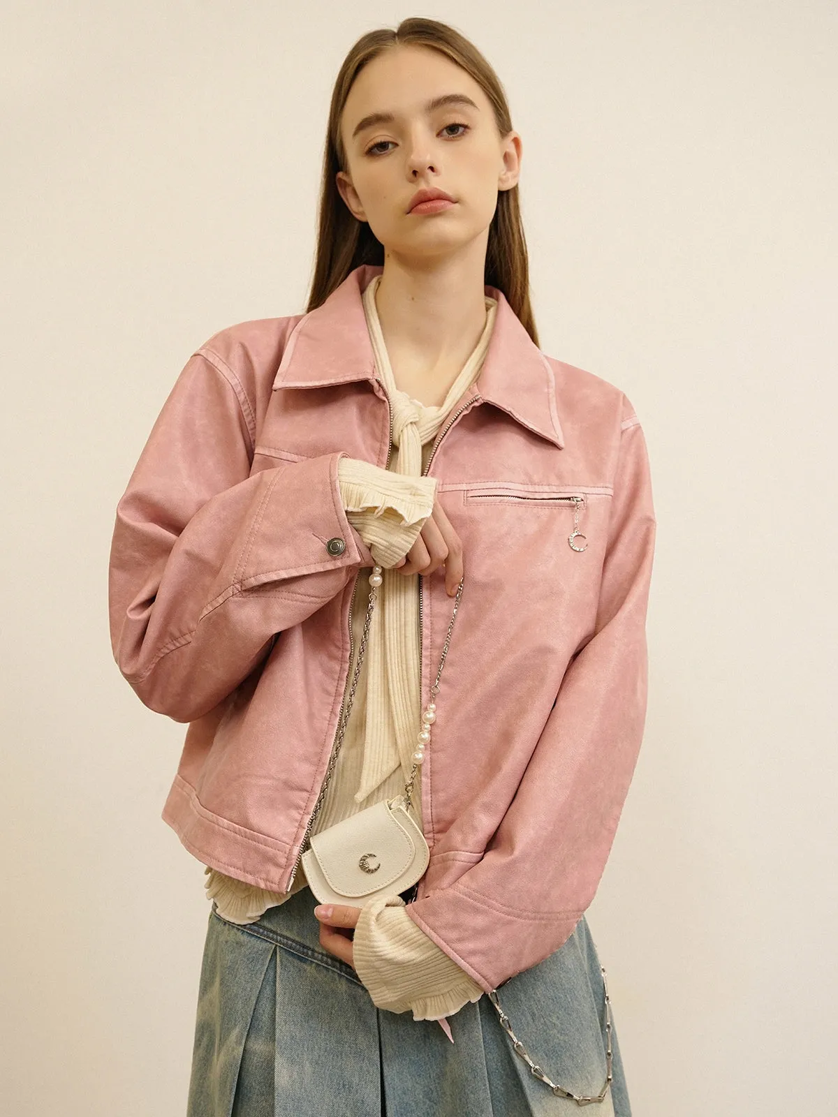 Plain Cute Refreshing  Retro Leather-Jacket