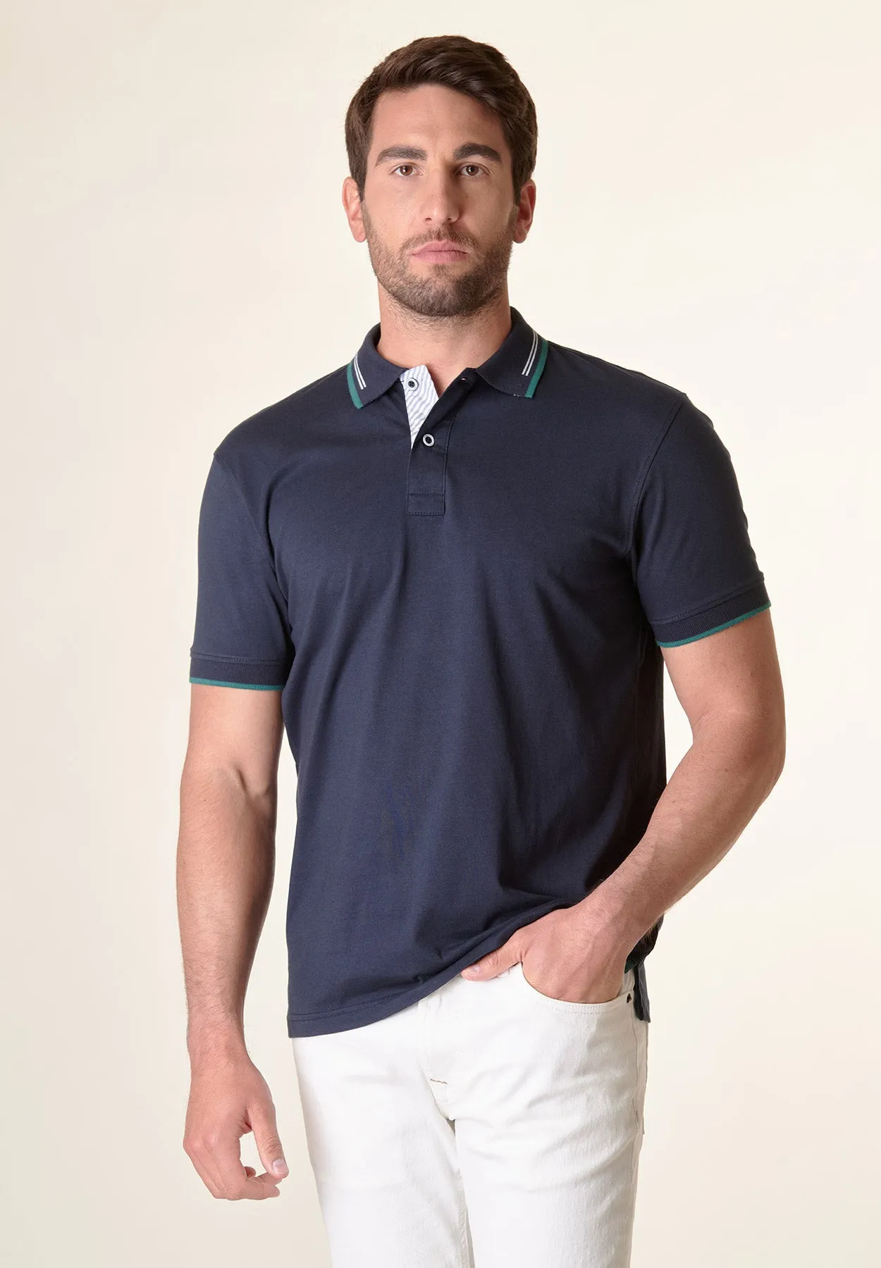 Polo blu jersey cotone dettaglio righe