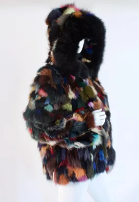 Rare Vintage 80's Rainbow Fox Fur Coat With Hood