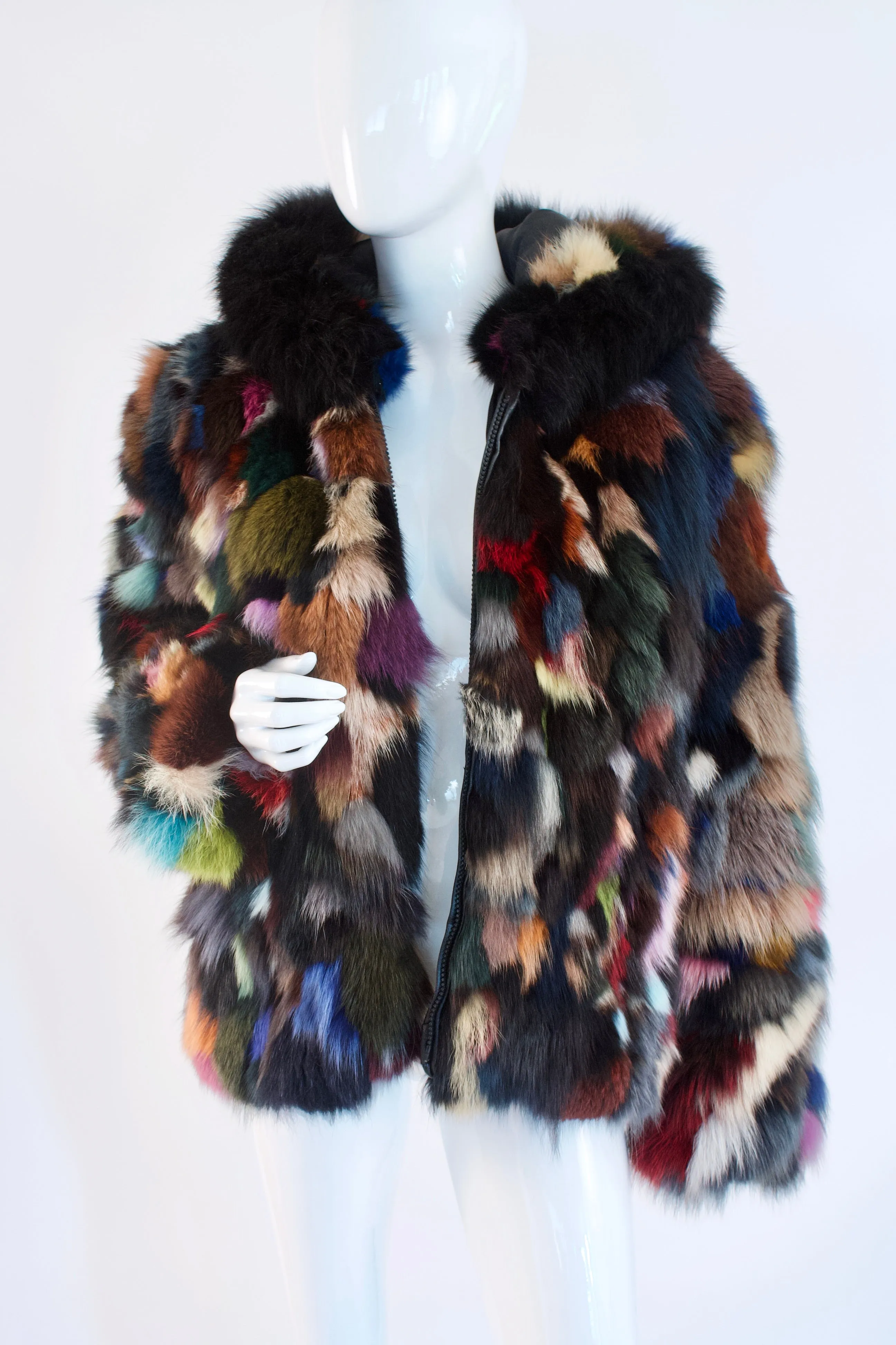 Rare Vintage 80's Rainbow Fox Fur Coat With Hood