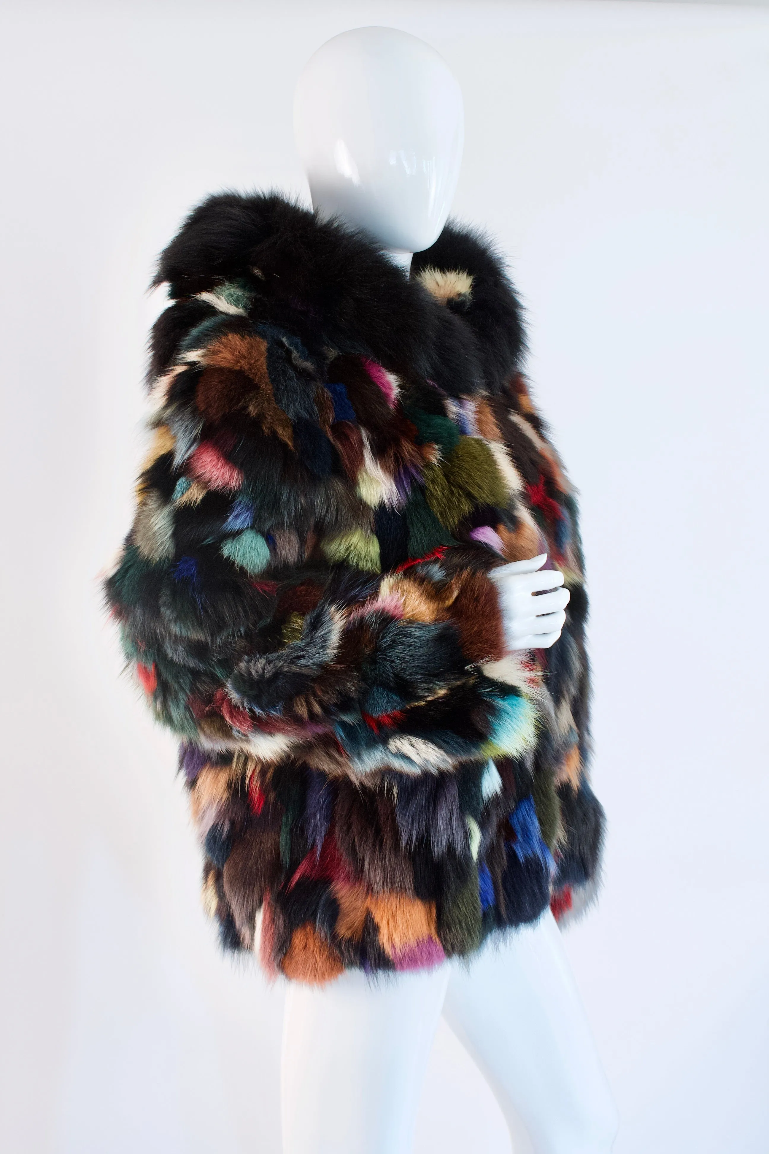 Rare Vintage 80's Rainbow Fox Fur Coat With Hood