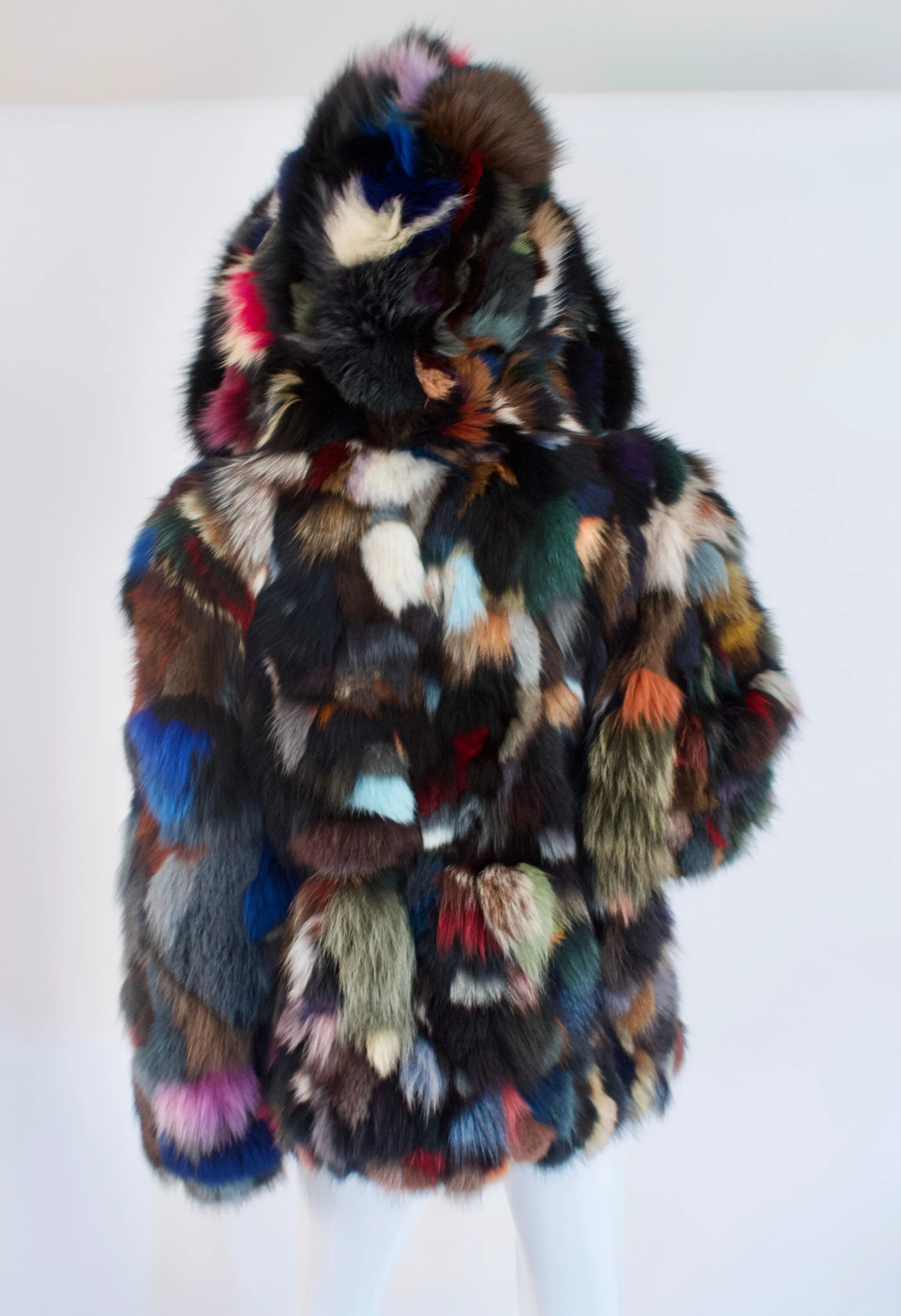 Rare Vintage 80's Rainbow Fox Fur Coat With Hood